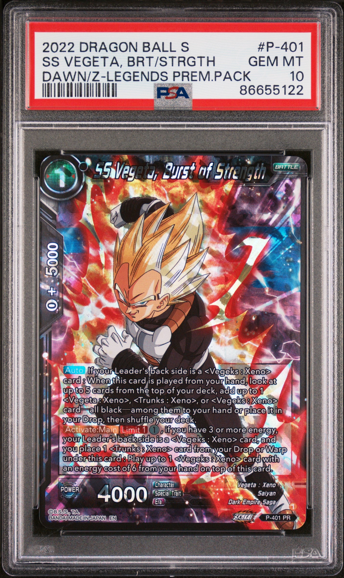 2022 Dragon Ball Super Dawn of the Z Legends SS Vegeta BRS/STRGTH #P 401 PSA 10 Graded Card - Perfect for Anime Collectors & Dragon Ball Z Fans Display