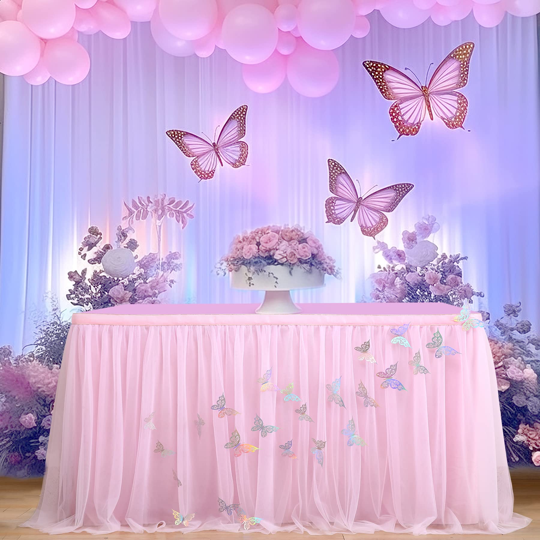 9ft Pink Butterfly Tulle Table Skirt for Rectangle & Round Tables - Tutu Tablecloth for Baby Showers, Girls Birthday Parties, Weddings & Cake Table Decorations - Perfect for Butterfly Theme Events & Dessert Displays