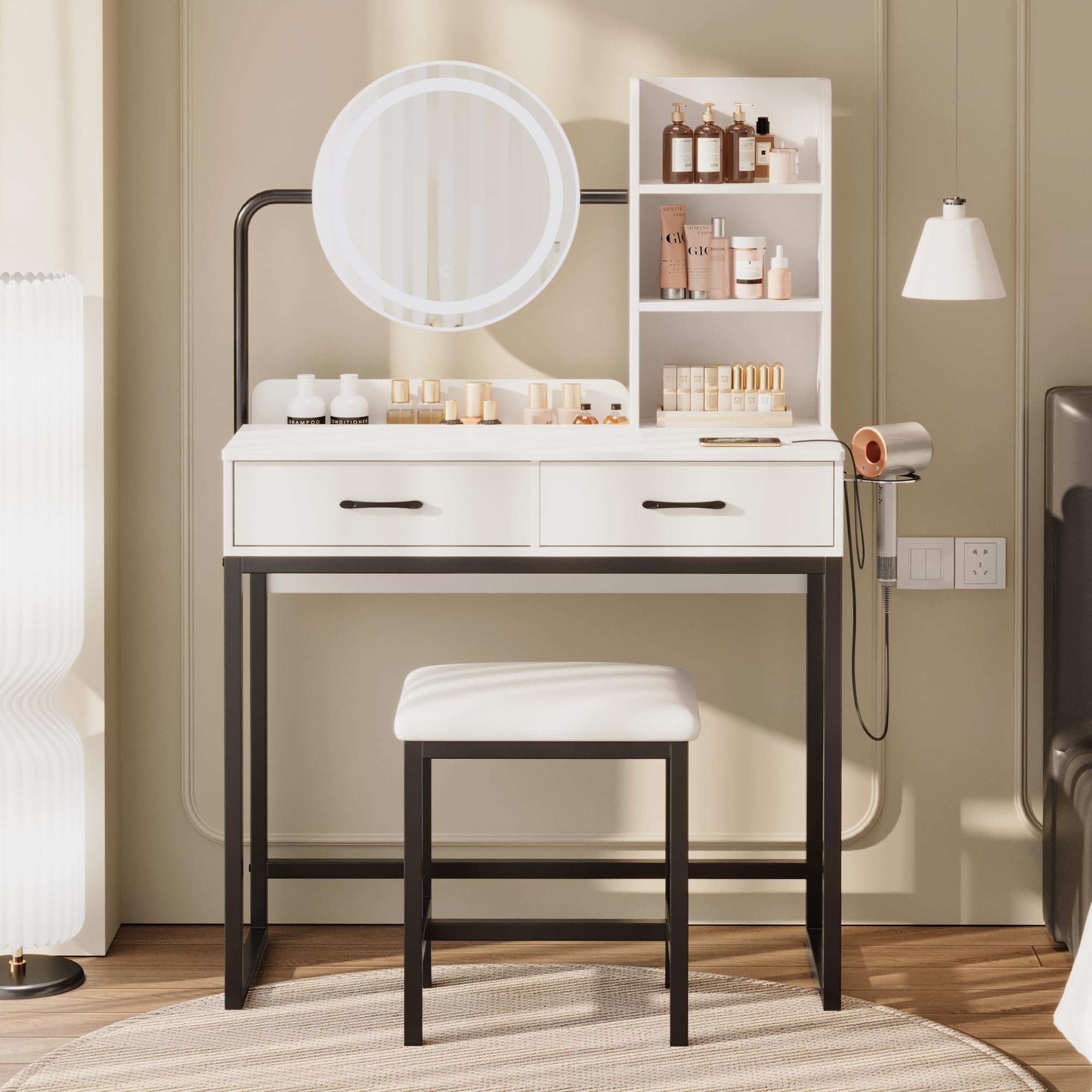 Dowinx White Vanity Desk with LED Lighted Mirror & Power Outlet - Adjustable 3 Lighting Modes, Small Makeup Dressing Table with Stool for Bedroom - Perfect for Girls' Room, Home Salon & Beauty Routine