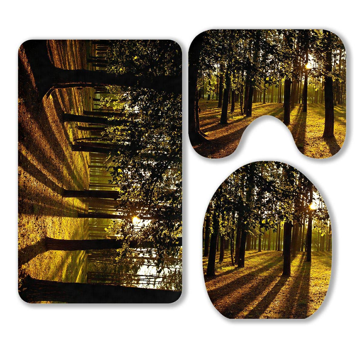 ABPHQTO Summer Forest 3-Piece Bathroom Rug Set - Soft Non-Slip Bath Mat, Contour Mat & Toilet Lid Cover - Nature-Inspired Beams of Light Design for Cozy Bathroom Decor | Perfect for Guest Bathrooms, Master Suites & Vacation Homes