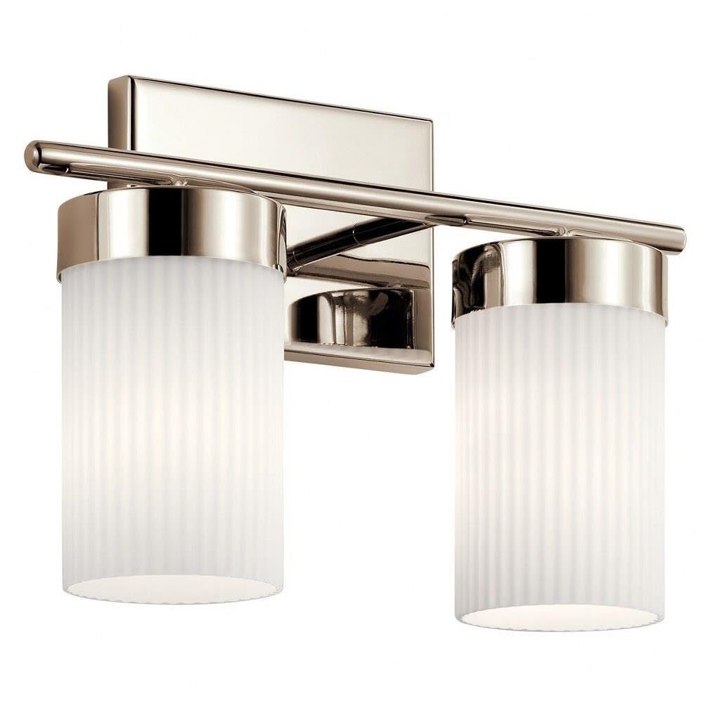 Kichler Ciona 14.5 Inch 2-Light Bathroom Vanity Light Fixture with Round Ribbed Glass Shades in Polished Nickel Finish - Perfect for Modern Bathroom, Powder Room, and Dressing Room Lighting