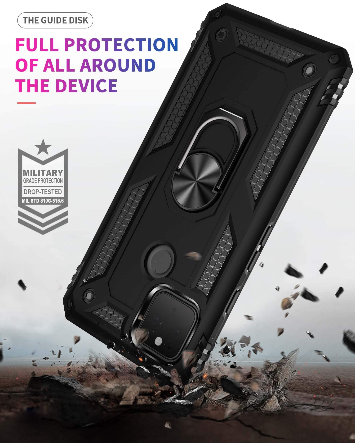 Military Grade Protective Phone Case for Google Pixel 4a 5G with Ring Car Mount & Kickstand - Shockproof Cover for Everyday Use, Travel & Outdoor Activities - Black