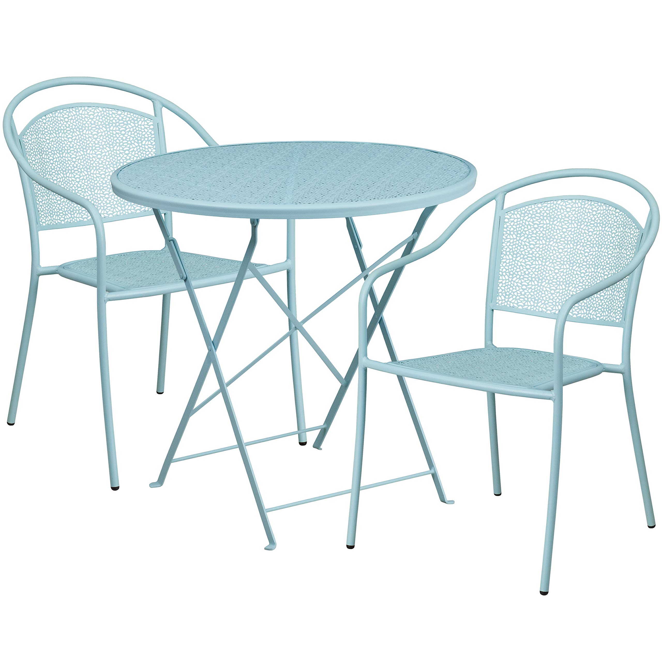 Commercial Grade 30 Inch Round Sky Blue Folding Patio Table Set with 2 Round Back Chairs - Outdoor Dining, Garden Furniture, Backyard Party, Poolside Relaxation