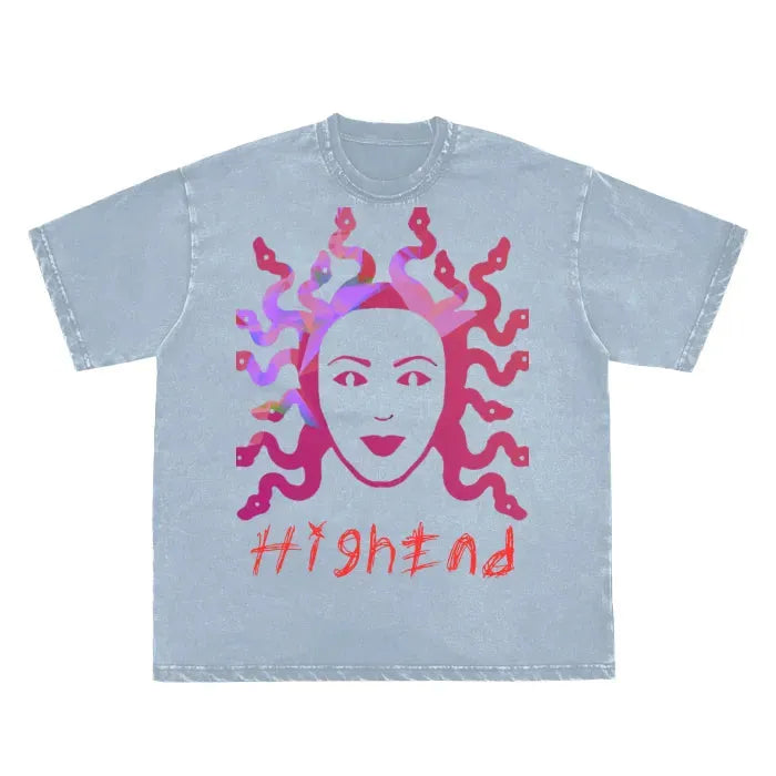 Vintage Washed Double Neckline Frayed Edge T-Shirt - 250 GSM Premium Medusa Graphic Tee for Men & Women | Streetwear, Casual Outfits, Music Festivals