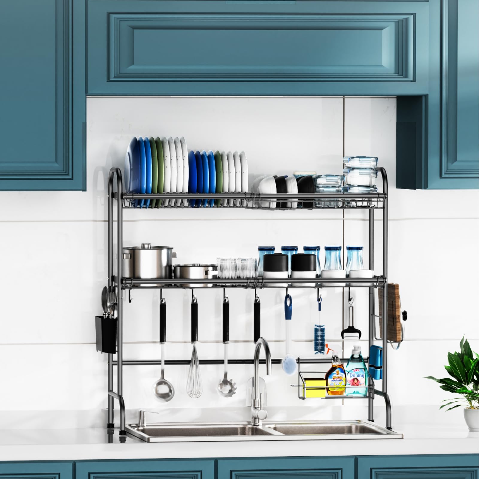 GSlife Stainless Steel Over The Sink Dish Drying Rack - 2 Tier Space Saving Dish Drainer with Utensil Holder & Cutting Board Storage | Perfect for Small Kitchens, Apartments & RV Use (Black)