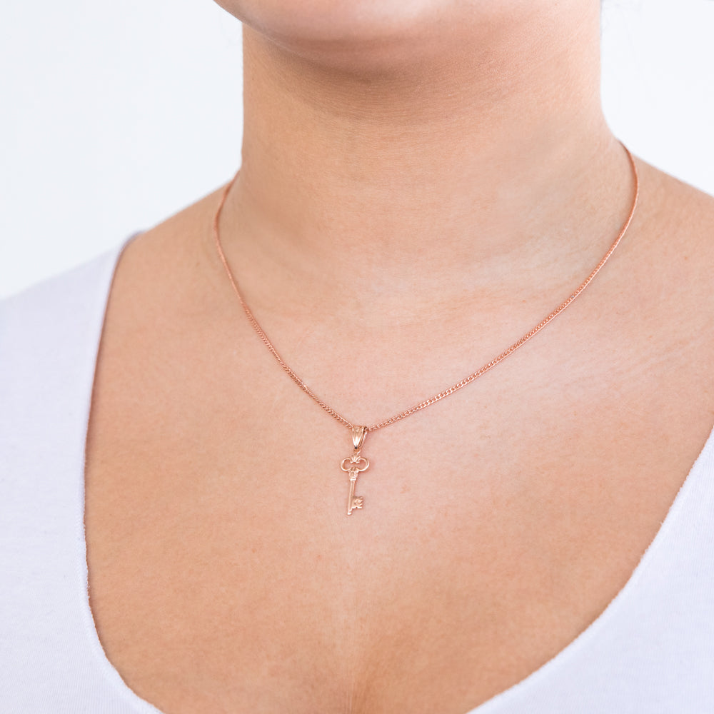 9ct Rose Gold Antique Key Pendant Necklace - Vintage Inspired Jewelry for Women - Perfect Gift for Birthday, Anniversary & Valentine's Day
