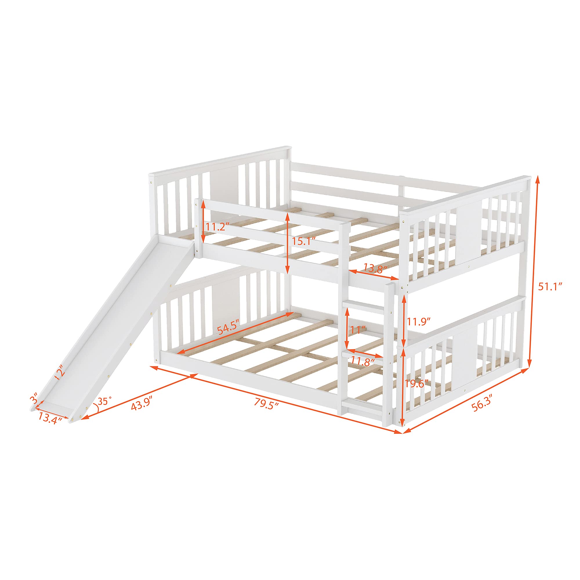 Bellemave Full Over Full Wooden Bunk Bed with Slide and Ladder - Low Profile Kids Bunk Bed for Toddlers, Boys & Girls (White) | Perfect for Small Bedrooms, Playrooms & Shared Kids' Spaces