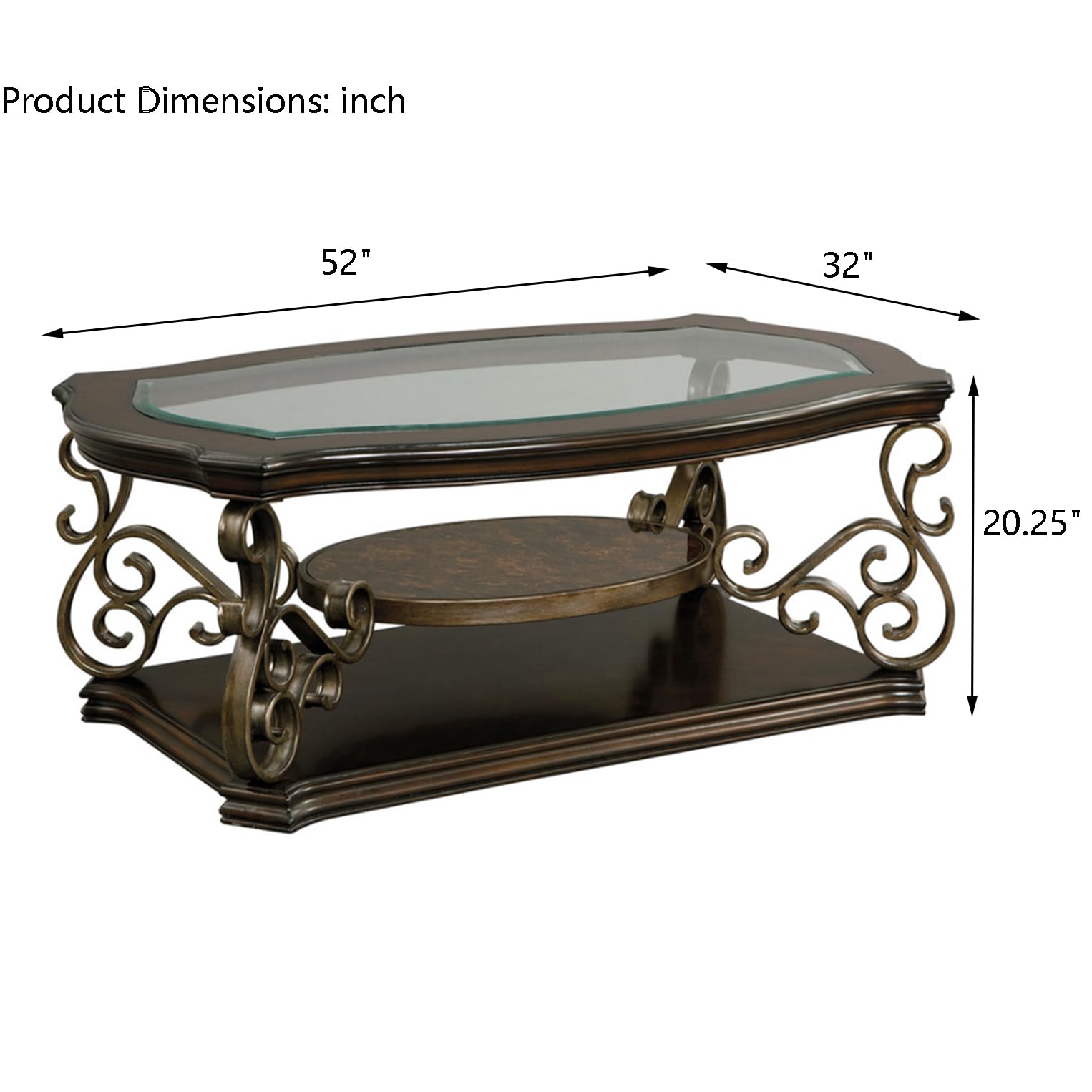 Vintage Oval Coffee Table with Tempered Glass Top and Middle Shelf - Traditional Cocktail Table for Living Room - Easy Assembly Home Furniture - Perfect for Small Spaces, Apartments and Cozy Living Rooms
