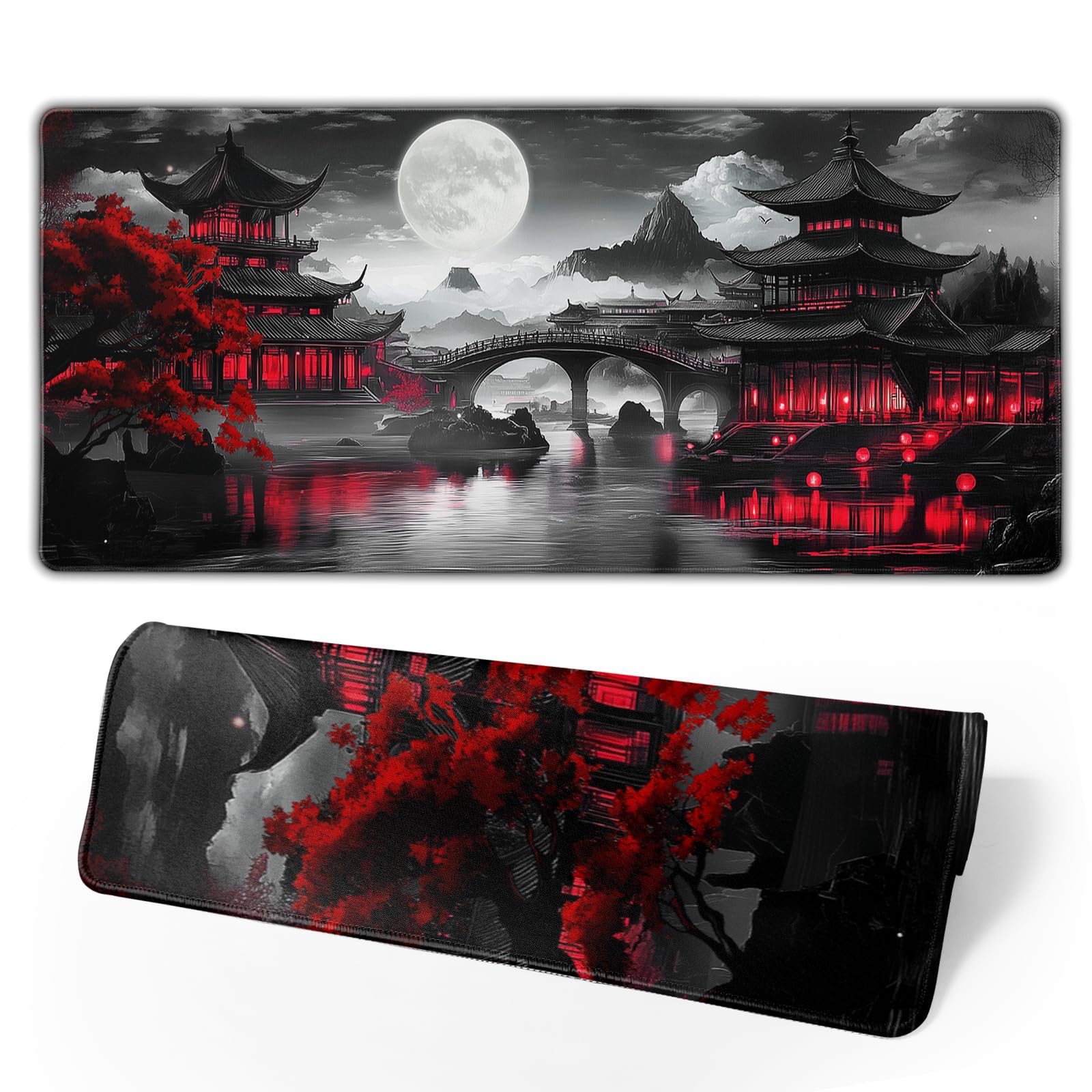 Premium Japanese Riverside Full Moon Extended Desk Mat - Extra Large 31.5×11.8 Inch Non-Slip Rubber Base Mouse Pad with Stitched Edges for Gaming, Office & Home Use - Black & Red Design for PC, Laptop & Keyboard Comfort