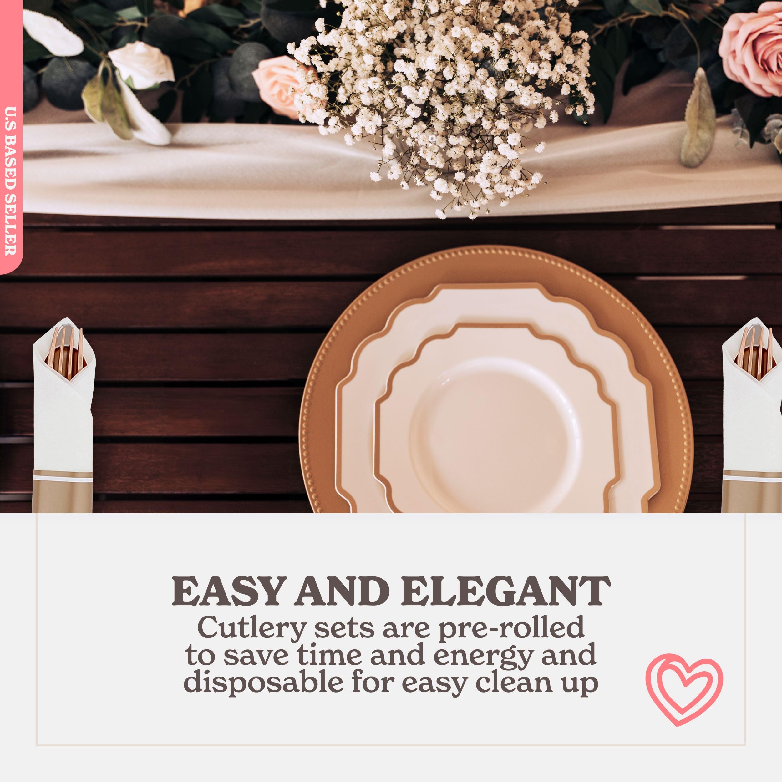 Rose Gold Disposable Silverware Sets for Weddings & Parties - 60-Piece Pre-Rolled Cutlery with Napkins | Elegant Plastic Utensils for Anniversaries, Events & Special Occasions | Perfect for Catering, Picnics & Formal Dinners