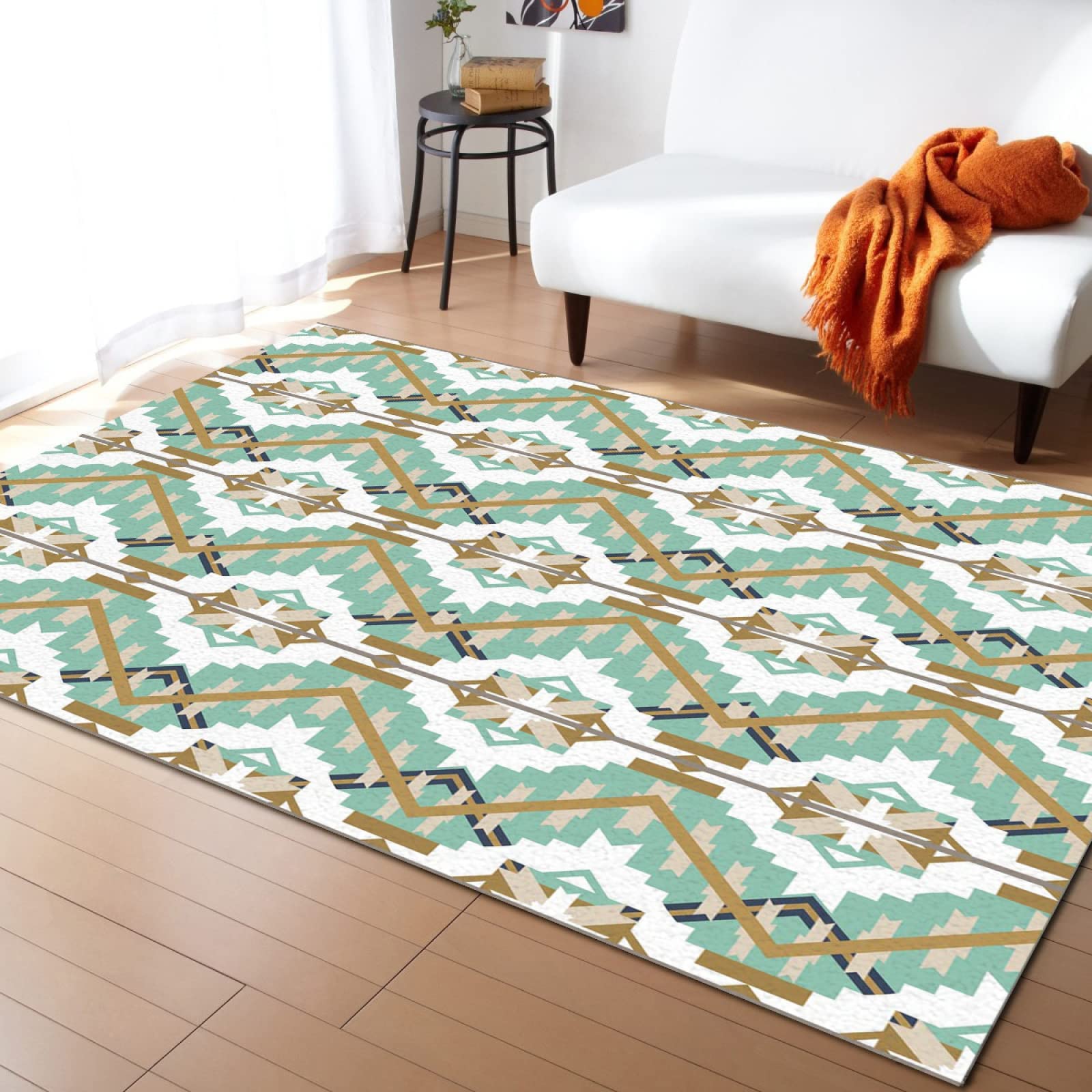 Authentic Native American Aztec Area Rug - Soft Washable Ethnic Carpet with Non-Slip Backing for Living Room, Bedroom & Kitchen | 6.6ft x 5.3ft Home Decor Floor Mat | Perfect for Boho Chic, Farmhouse & Southwestern Style Interiors