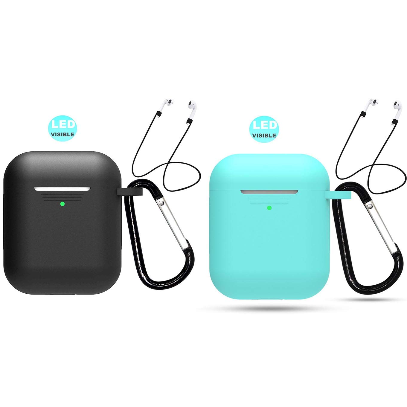 2-Pack AirPods 2 Wireless Charging Case Cover with Keychain & LED Window - Protective Silicone Skin for Apple AirPods 2nd Gen (Black + Teal) - Perfect for Gym, Travel & Daily Protection