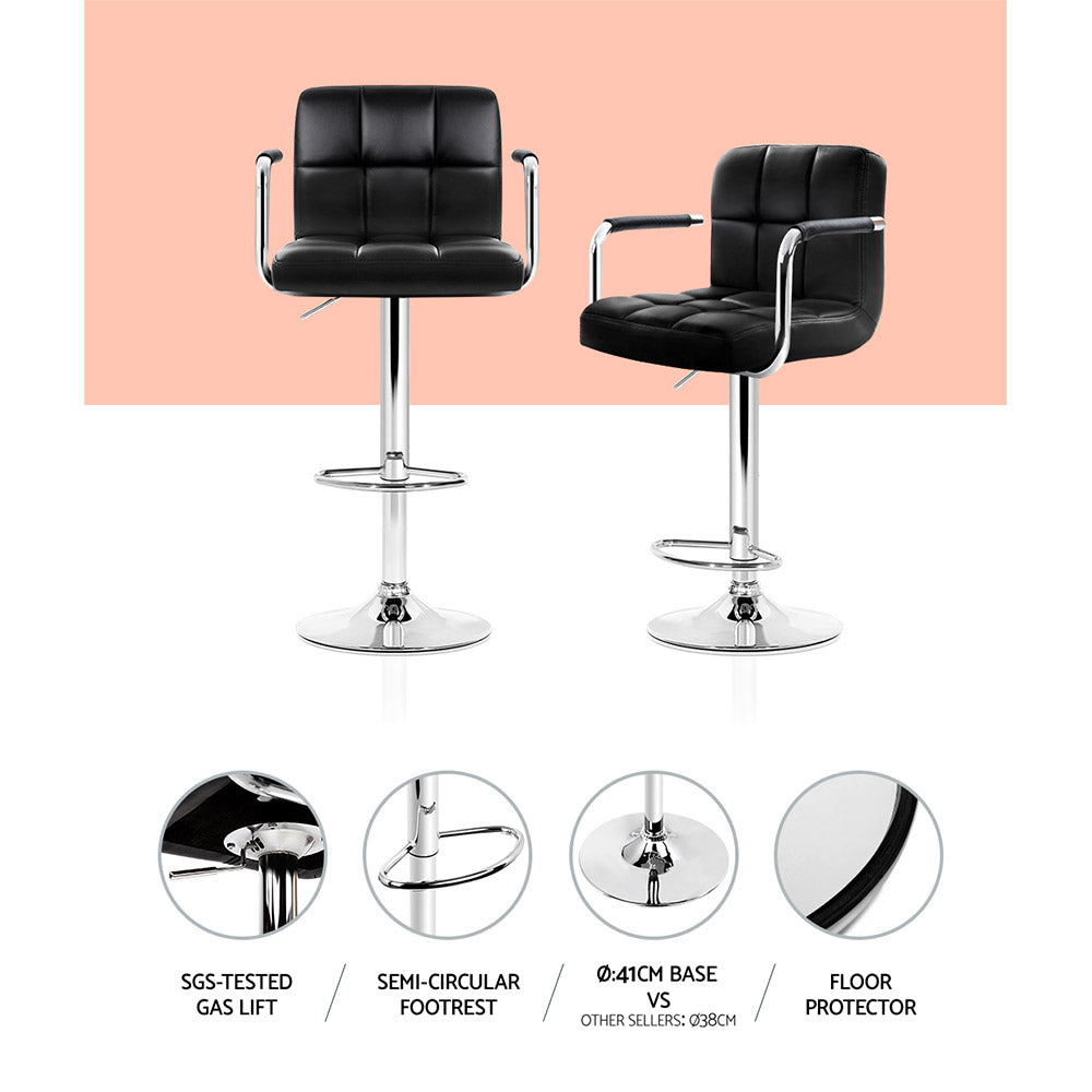 Black Leather Bar Stools with Gas Lift and Armrests - Adjustable Height for Kitchen Island, Breakfast Nook & Home Bar Seating