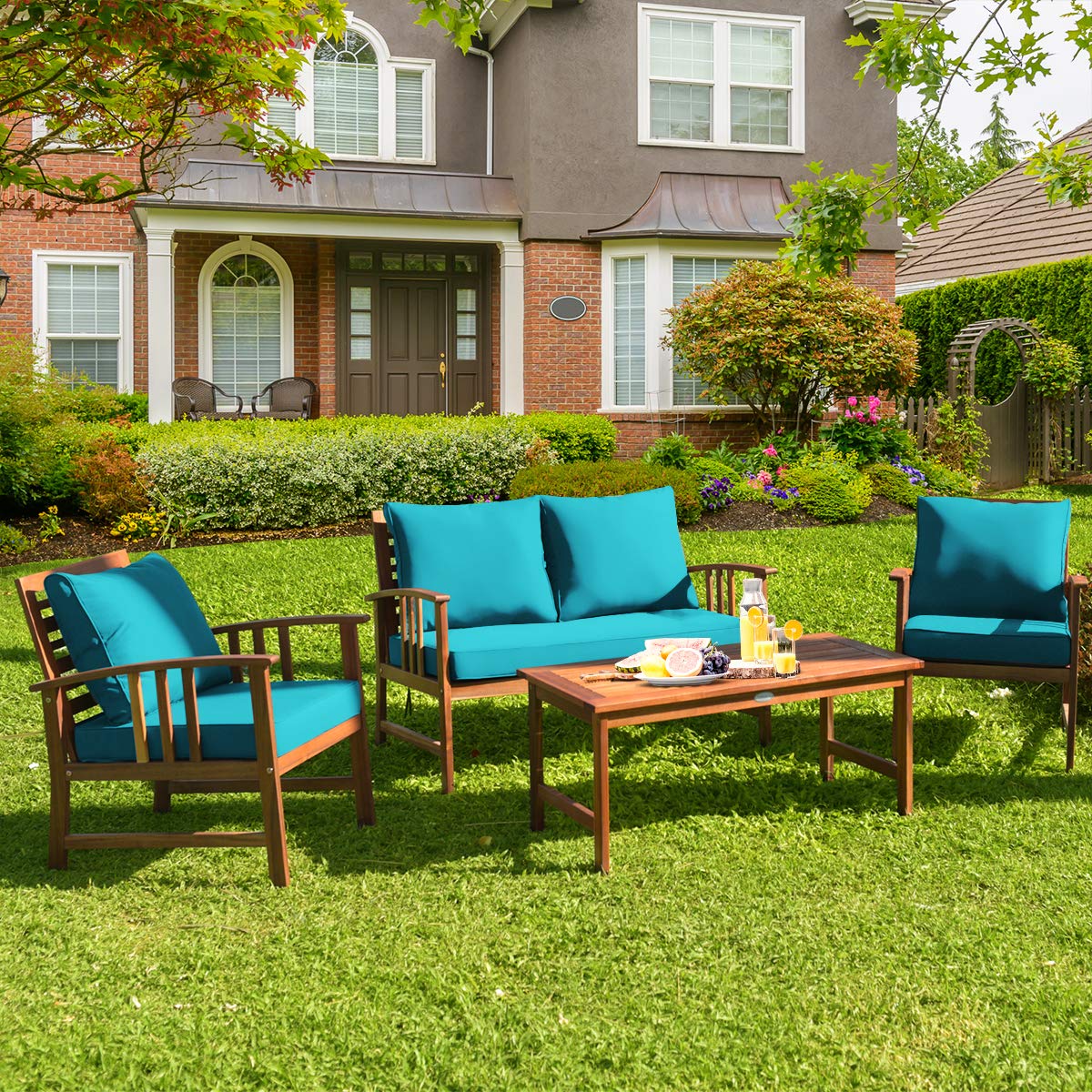 Tangkula 8-Piece Acacia Wood Outdoor Patio Furniture Set with Gray Cushions & Back Pillows - Garden, Backyard, Poolside Conversation Set with Coffee Table - Perfect for Outdoor Entertaining, Relaxing, and Lounging