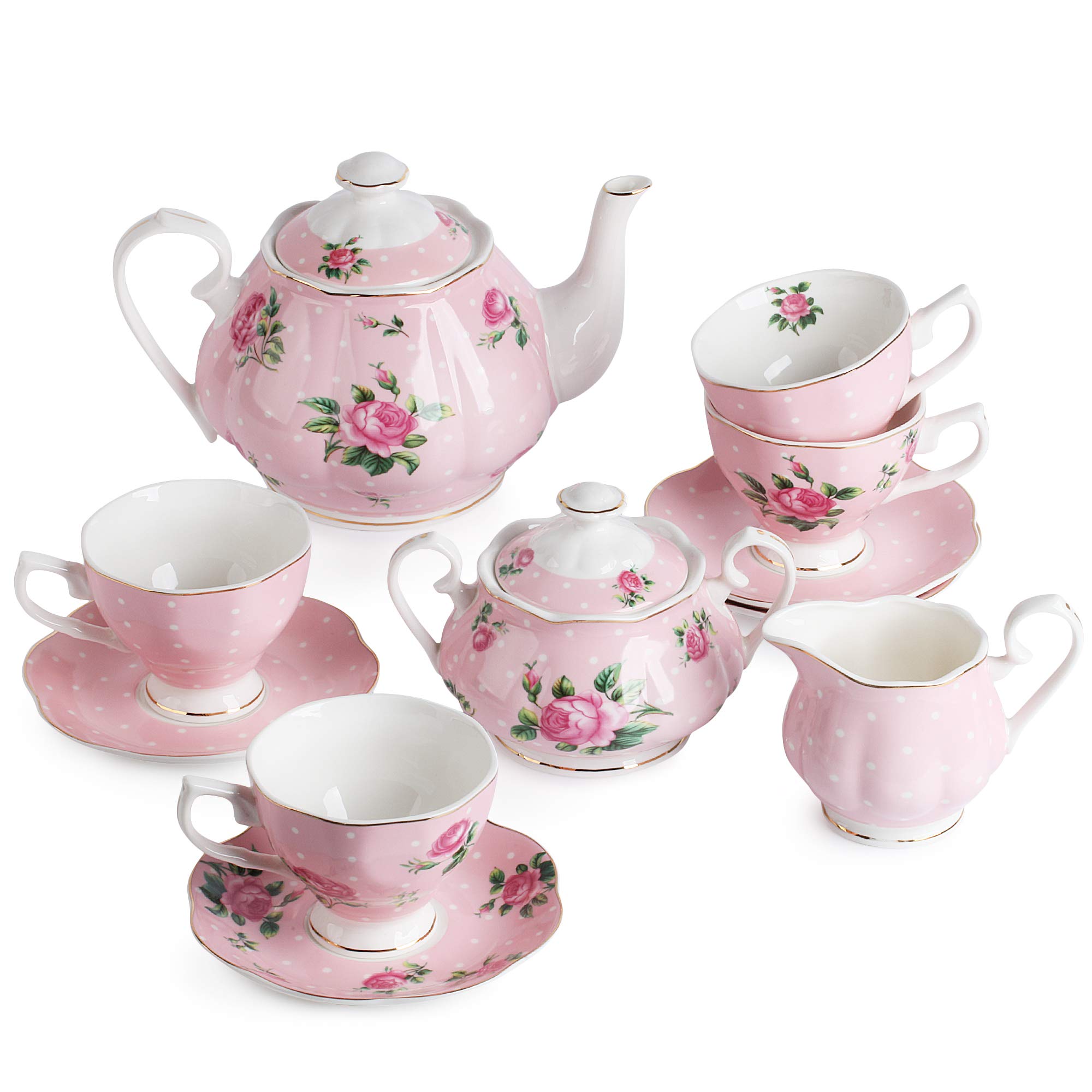BTaT Floral Tea Set - 8oz Tea Cups, 38oz Tea Pot, Creamer & Sugar Set with Gift Box - Elegant China Tea Set for Women & Adults - Perfect for Afternoon Tea, Bridal Showers & Home Decor