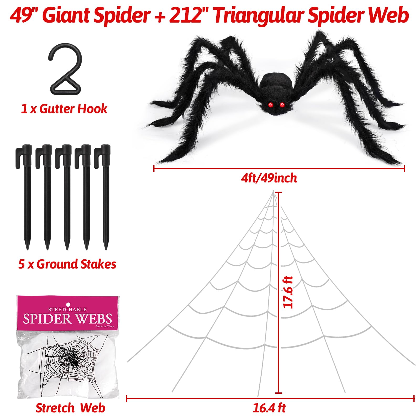 EZIGO Halloween Giant Spider Decorations Set - 3PCS Large Spiders with Stretchable Spider Web for Outdoor Haunted House, Yard & Party Decor - Perfect for Halloween Decorations, Scary Props & Spooky Themed Events