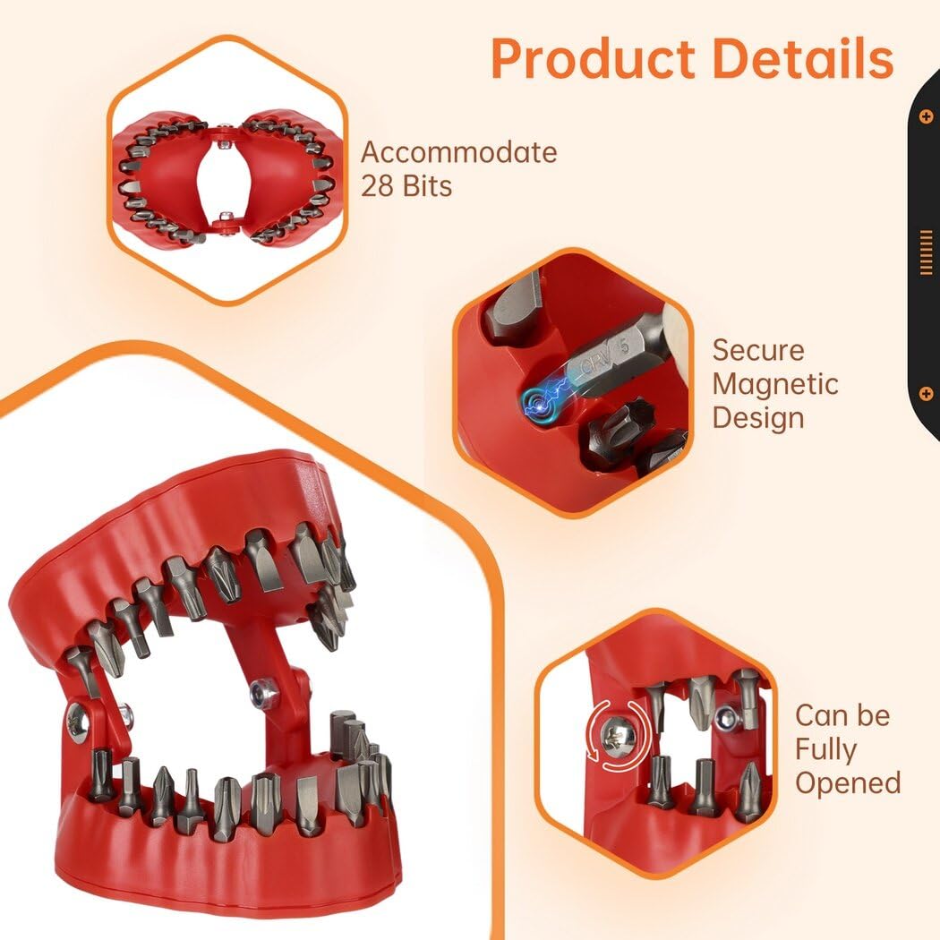 Homaisson Denture Drill Bit Holder with 28 Bits - Teeth-Shaped Magnetic Storage Box & Quick Change Organizer - Portable 1/4