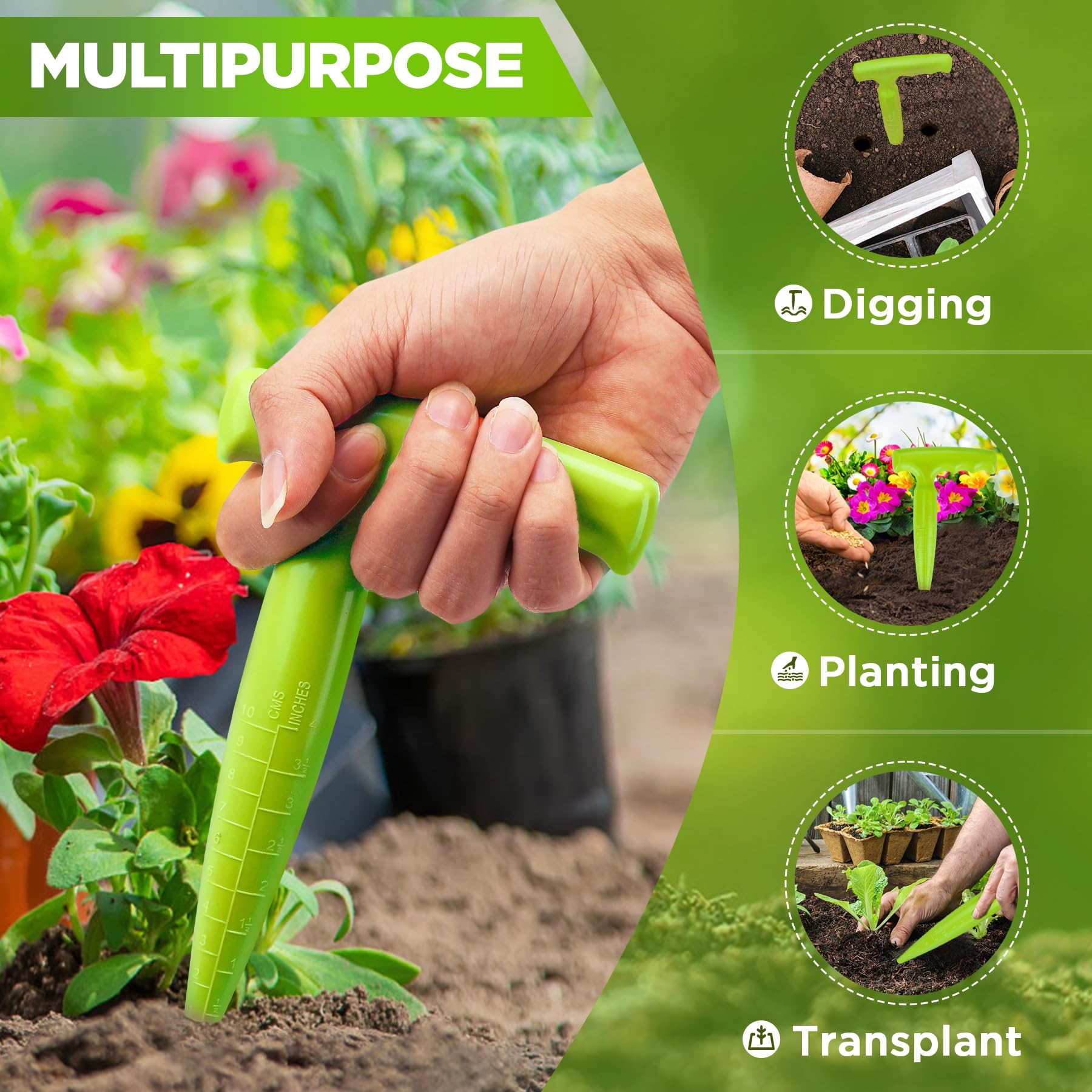 2 Pack Light Green Plastic Bulb Planting Tools - 6.9 Inch Seed Dibber with Measurement Marks & Ergonomic Handle for Gardening, Planting Bulbs, Digging Holes - Perfect for Home Garden, Flower Beds & Vegetable Planting