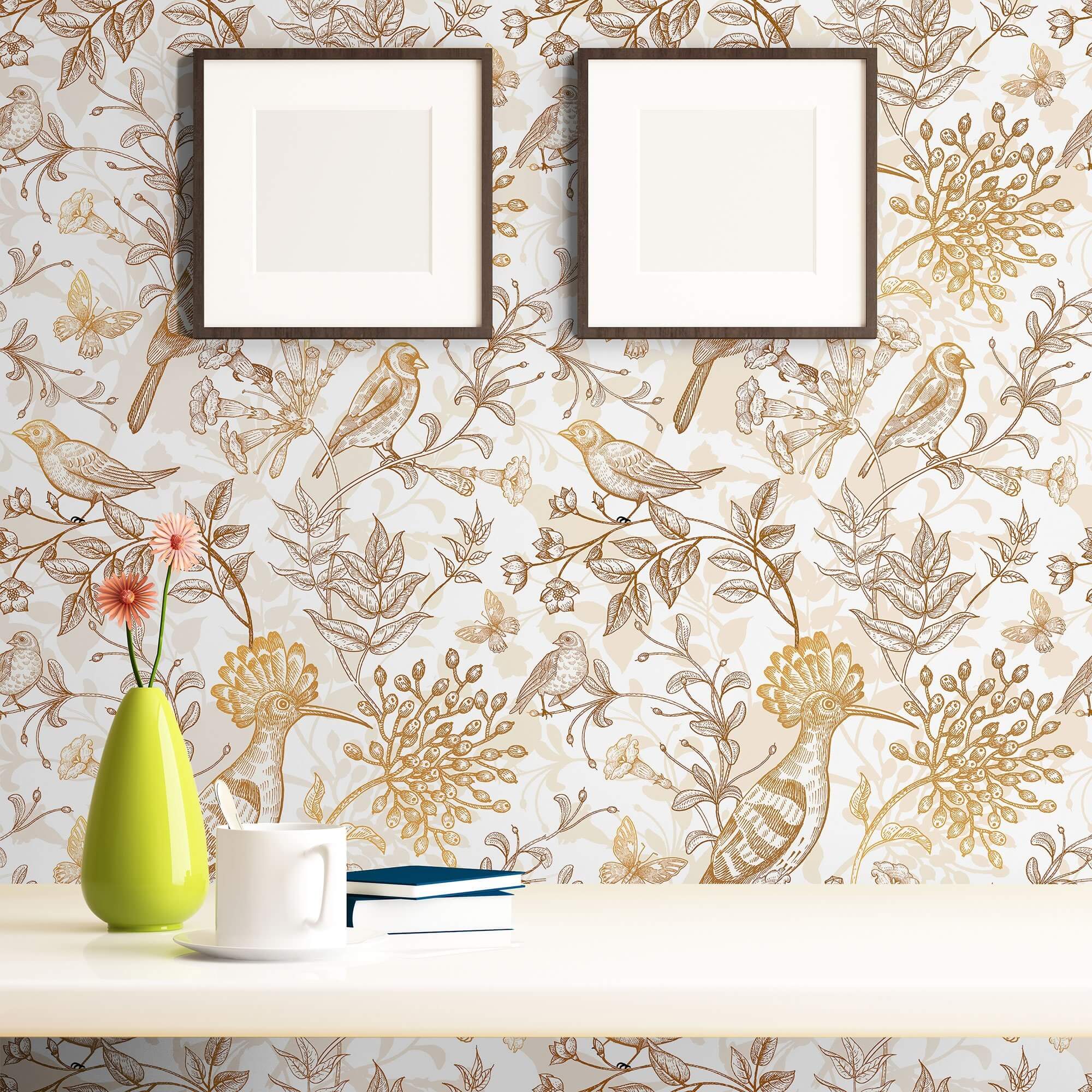 Tan Floral Animal Print Peel and Stick Removable Wallpaper - Self-Adhesive Decorative Wall Covering for Bedroom, Nursery, or Home Office