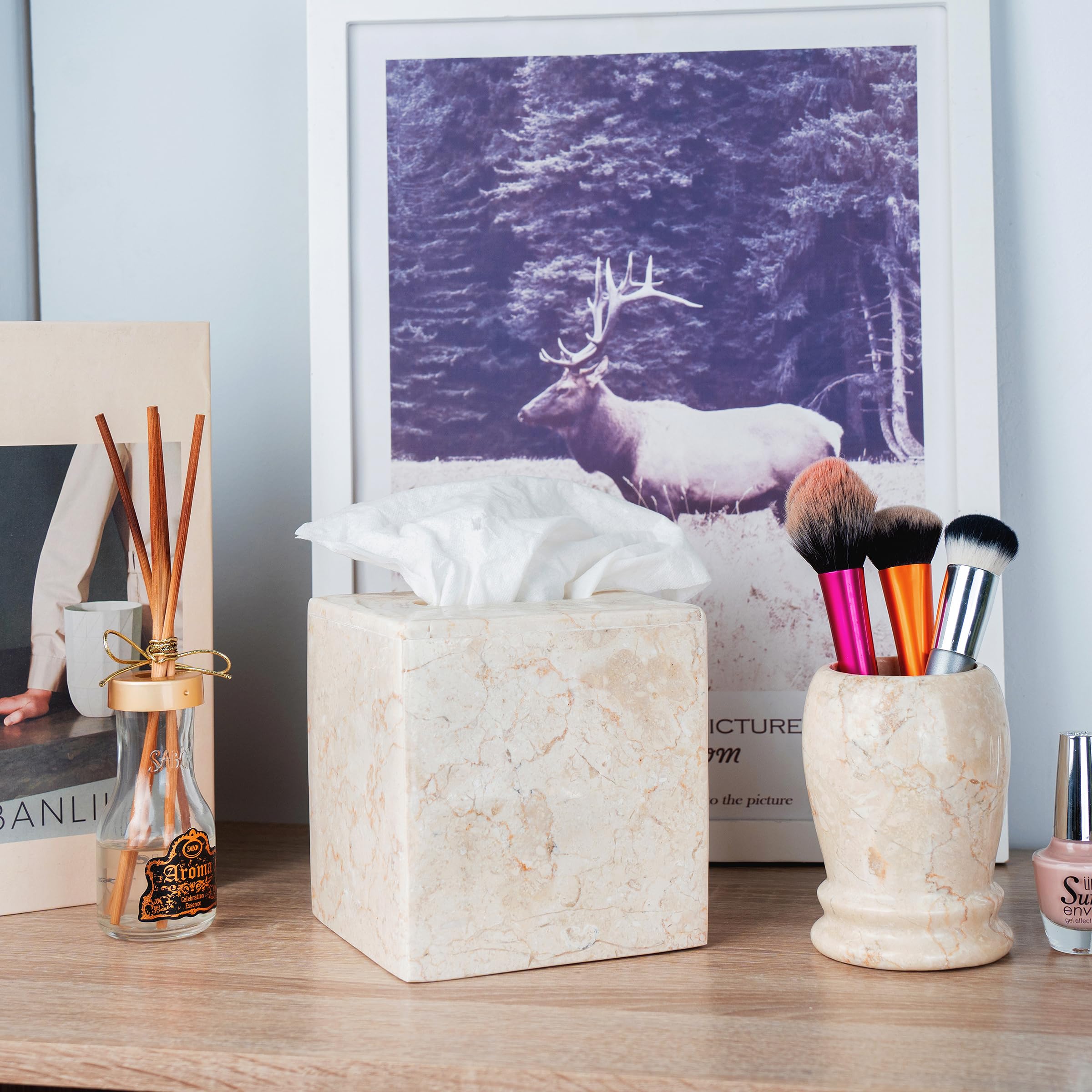 Premium Hand-Carved Natural Marble Tissue Box Cover - Elegant Square Facial Tissue Holder for Bathroom, Bedroom, Living Room & Car - Durable Champagne Beige (5.4” x 5.4” x 5.6”) - Perfect for Home Decor & Luxury Gifts