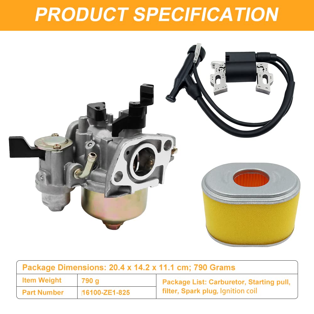 Honda GX120 GX140 GX160 GX200 Carburetor Replacement Kit with Air Filter, Ignition Coil & Spark Plug - Compatible with 5.5HP 6.5HP Engines (Fits 16100-ZE1-825 16100-ZH8-W61) - Perfect for Small Engine Repair, Lawn Mower & Power Equipment Maintenance