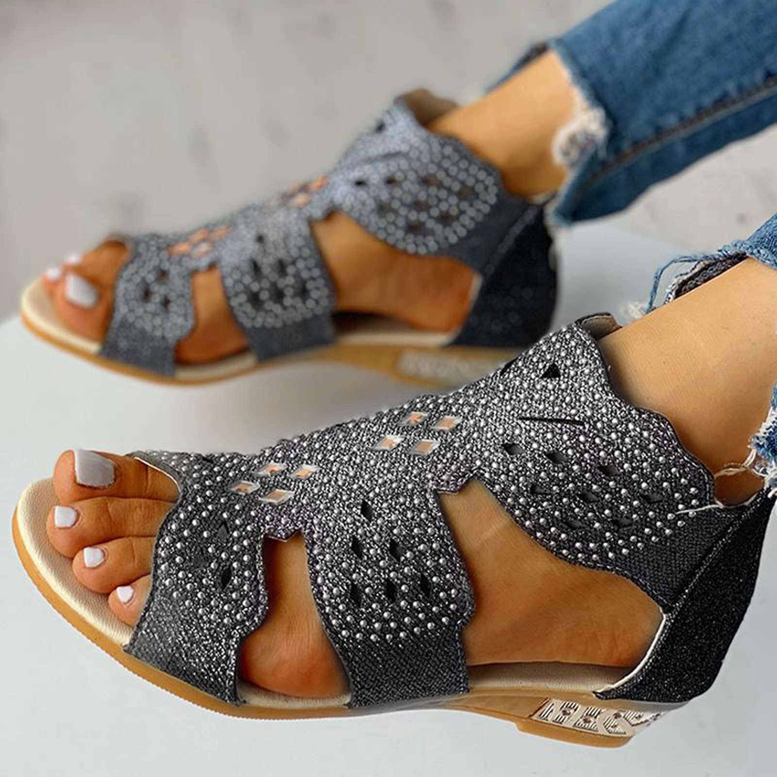 COOKI Women's Summer Sandals - Casual Roman Zipper Hollow Out Wedge Flat Sandals for Women | Comfortable Beach Walking, Vacation Outfits & Daily Wear