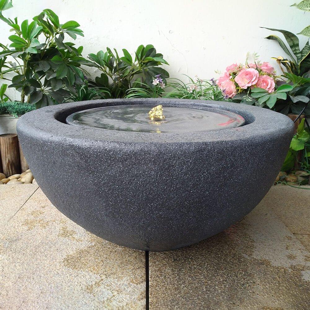 Dark Grey LED Bowl Stone Water Fountain - Indoor/Outdoor Decorative Water Feature for Garden, Patio, or Home Decor