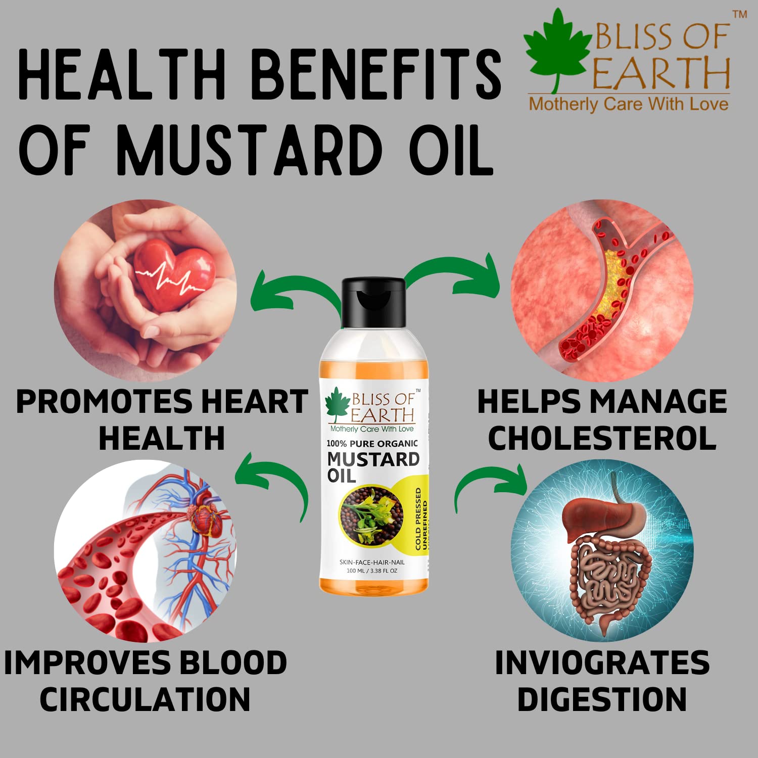 100% Pure Organic Cold Pressed Mustard Oil for Hair & Skin - Hexane Free, Baby-Friendly, Antibacterial - Bliss of Earth 100ml | Promotes Hair Growth, Scalp Care & Massage