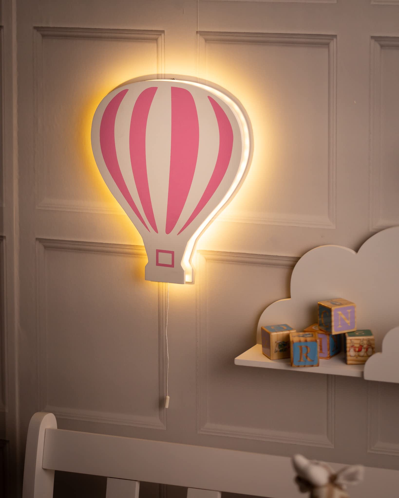 Marco Paul Modern Wooden White LED Night Light - Battery Powered Wall Mounted Nursery Lamp for Kids Room, Baby Gifts & Bedroom Decor - Perfect for Night Feedings, Bedside Lighting & Nursery Wall Decor (Pink Hot Air Balloon)
