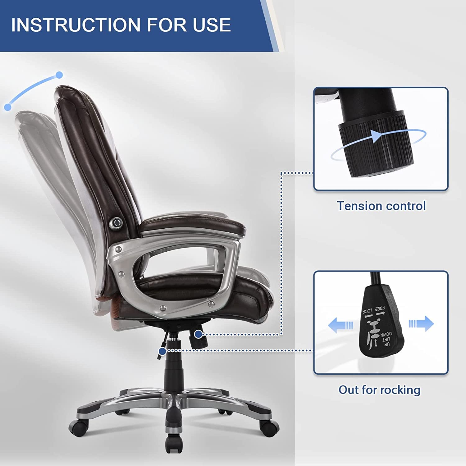 Ergonomic High Back Executive Office Chair - Adjustable Height & Lumbar Support, Faux Leather Swivel Desk Chair for Home & Office, Dark Brown - Perfect for Long Work Hours & Managerial Workspaces