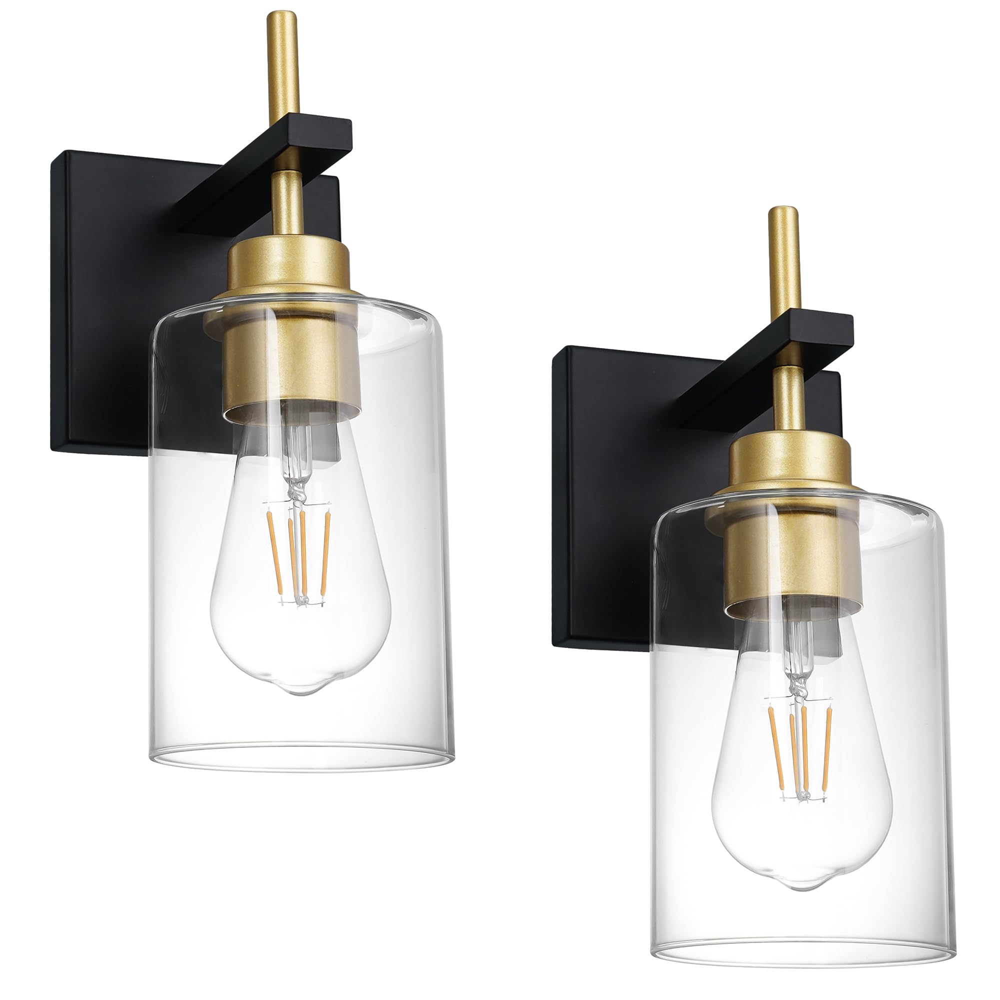 Black Gold Wall Sconces Set of 2 - Modern Glass Bathroom Lighting for Bedroom Living Room