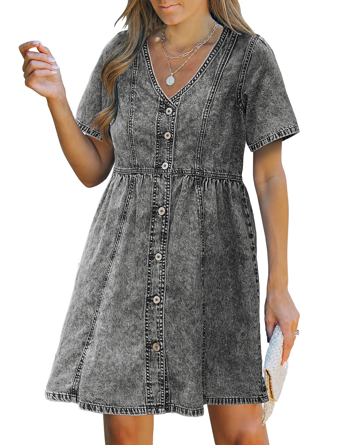 Luvamia Women's Denim Dress - Button Down Summer Swing Western Short Jean Dress for Casual Outings, Beach Trips & Country Music Festivals