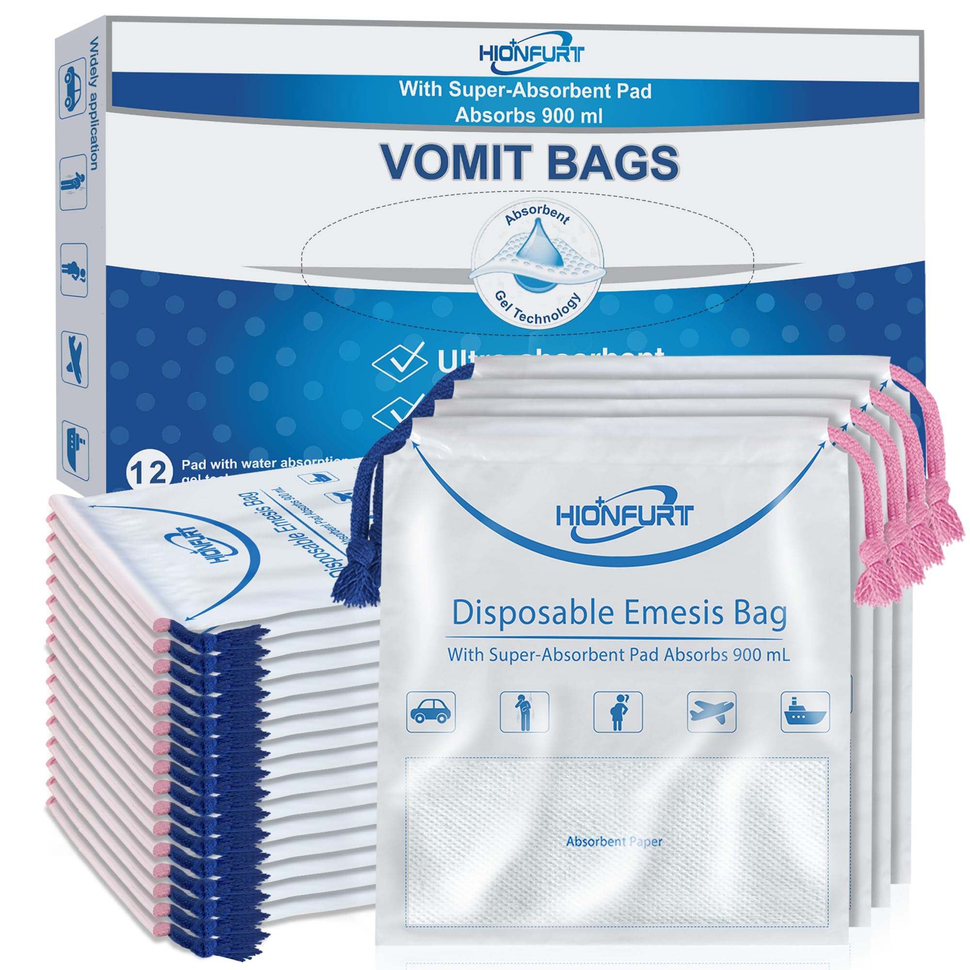 12Pcs Disposable Absorbent Vomit Bags - Leak Proof Motion Sickness Bags That Turn Vomit into Gel (900ml Capacity) | Travel, Pregnancy, Kids, Car & Airplane Use | Opaque White Barf Bags for Discreet Nausea Relief