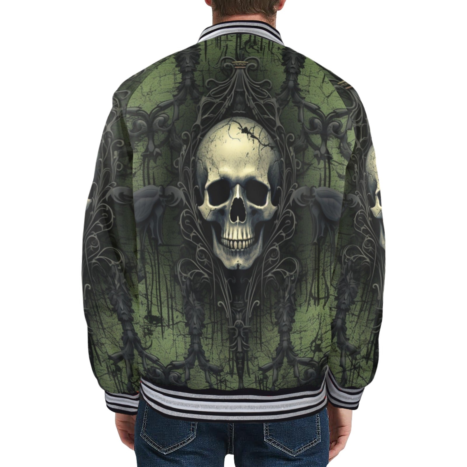 Gothic Green Skull Striped Trim Bomber Jacket for Men & Women | Vintage Punk Rock Style Outerwear | Perfect for Halloween, Concerts and Streetwear Fashion