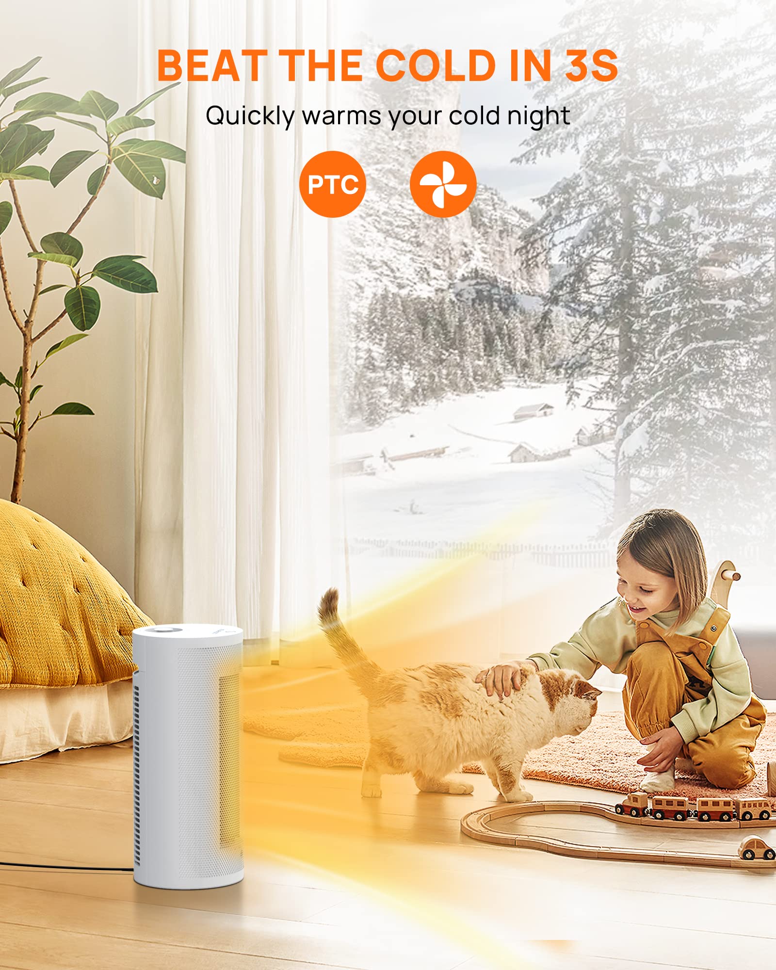 Upstreman 1500W PTC Ceramic Space Heater - Fast 3-Second Heating, 70° Oscillation & Tip-Over Protection - Energy Efficient Indoor Heater for Office, Bedroom, Desk - Perfect for Winter Home & Workspace Warmth (White)