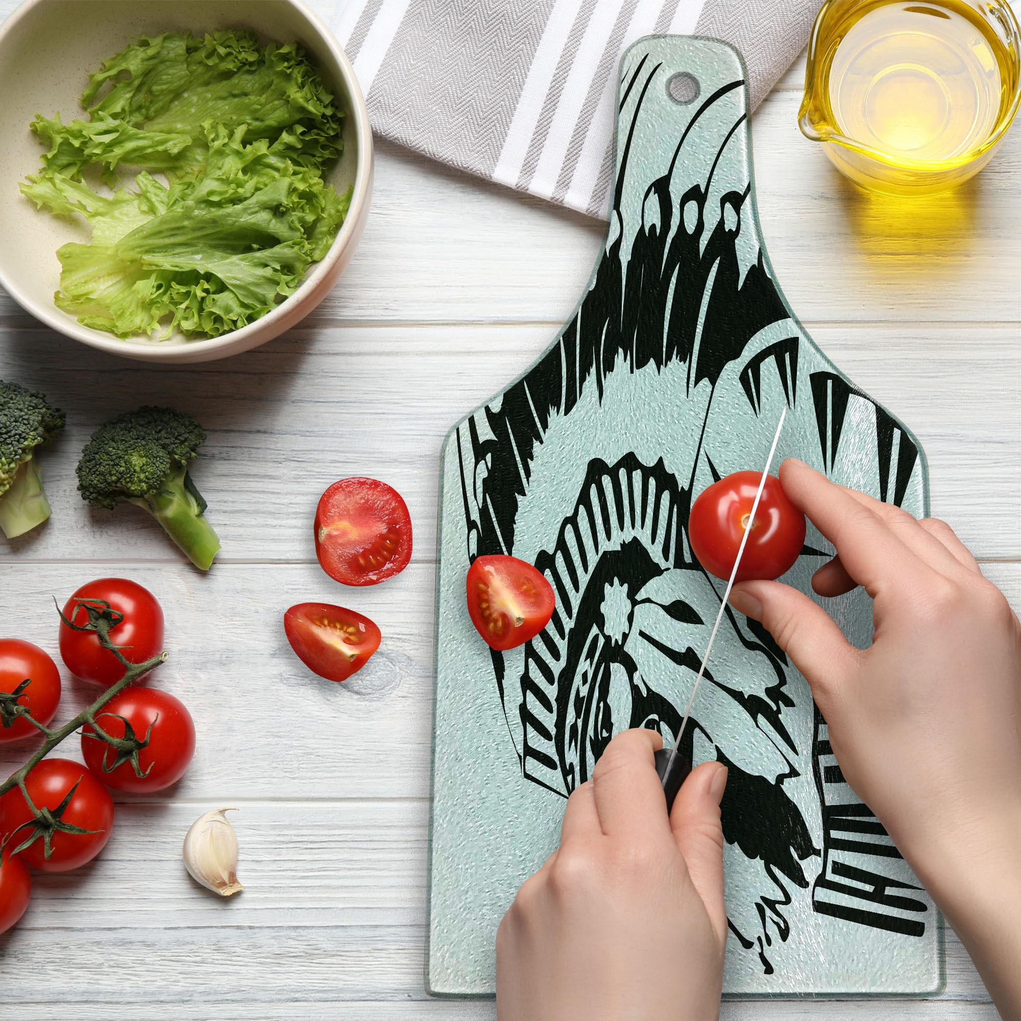 Ambesonne Tribal Cutting Board - Hand Drawn Native American Design Tempered Glass Serving Board - Wine Bottle Shape Black & White - Perfect for Kitchen Decor, Charcuterie Serving & Wine Pairing