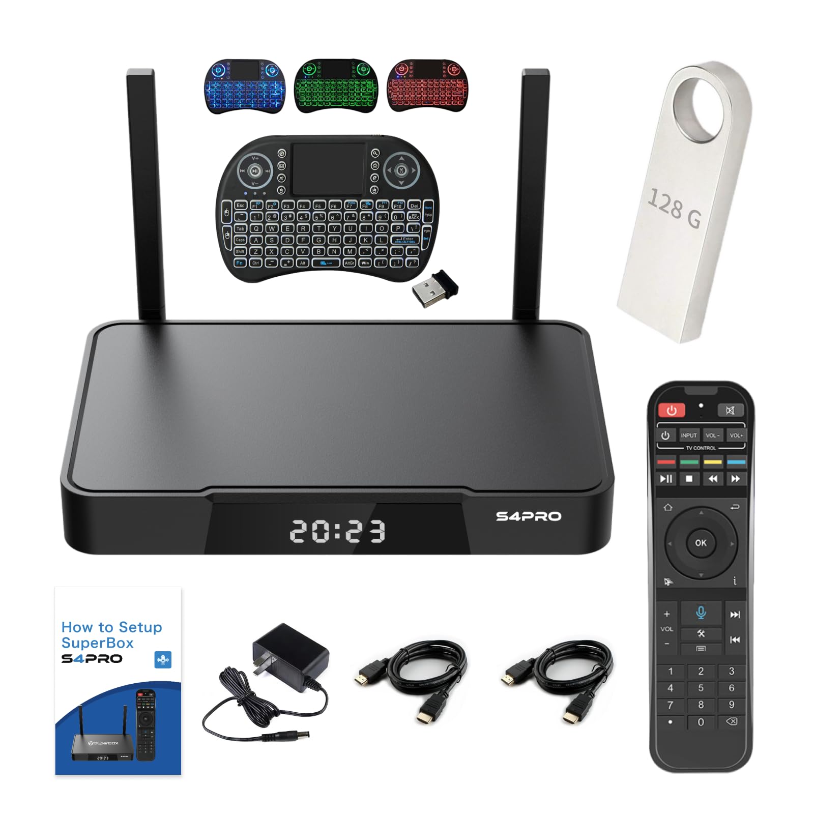 PZR S-4 Pro Android TV Box 2023 Edition - 2GB RAM 32GB Storage with WiFi, Mini Keyboard, 128GB USB Flash Drive & 2 HDMI Cables - Perfect for Streaming, Gaming & Home Entertainment
