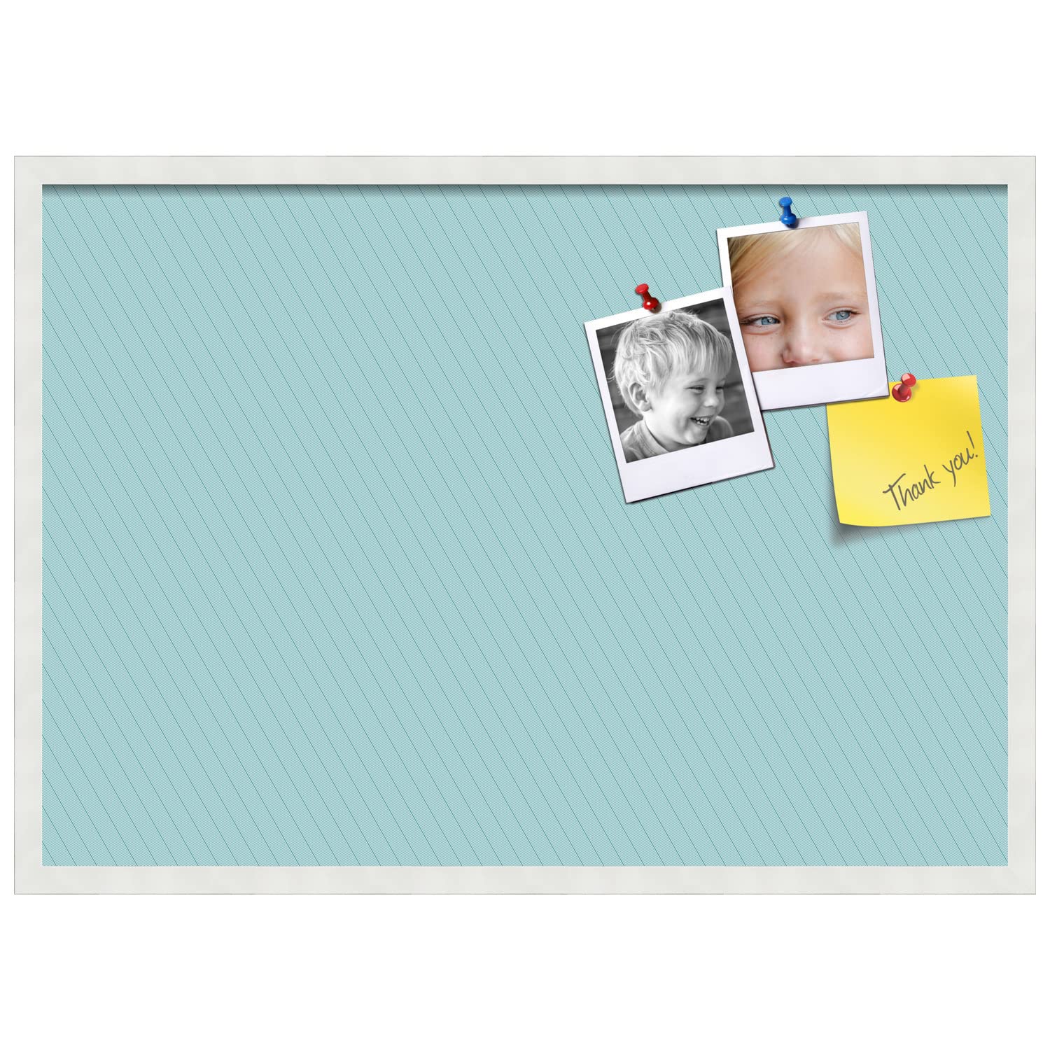 PinPix 34x24 Inch Cork Bulletin Board with Lux Stripes Aqua Design & Satin White Frame - Decorative Framed Pin Board for Home Office School Classroom Decor - Perfect for Notes, Photos, Reminders & Wall Organization