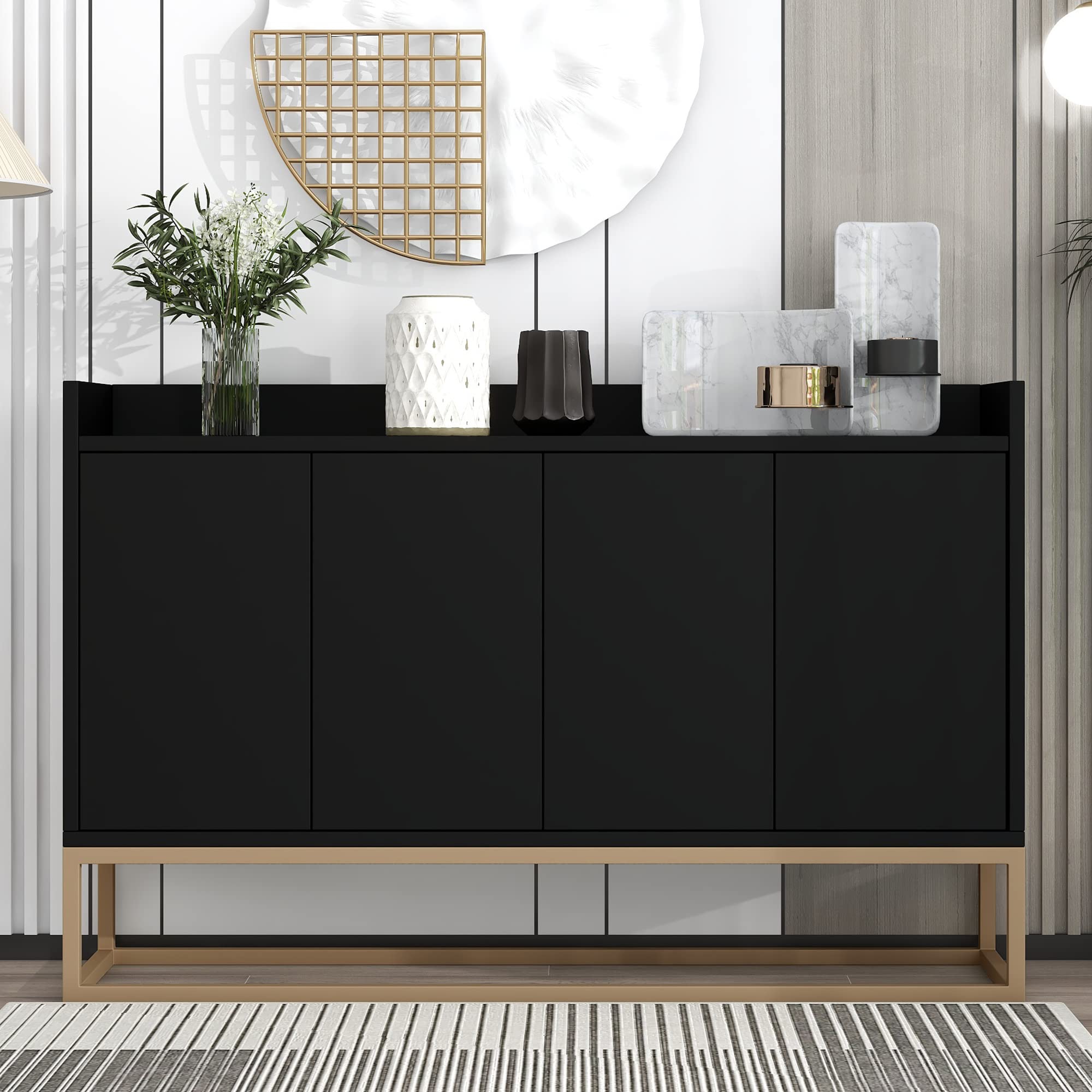 Modern Sideboard Buffet Cabinet with Storage Doors - Wooden Storage Cabinet with Adjustable Shelves & Sturdy Metal Base, Black - Perfect for Dining Room, Living Room, or Entryway Organization