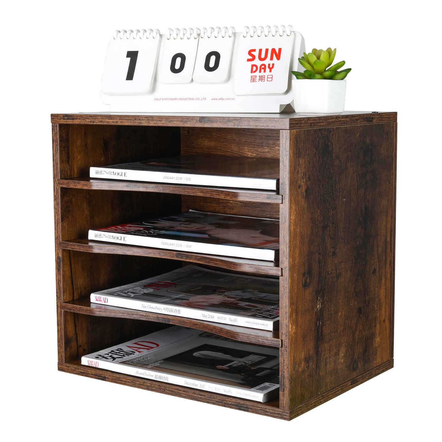 Wood Mail Sorter Organizer - 4 Compartments Desktop File Organizer for Office & Home, Antique Brown