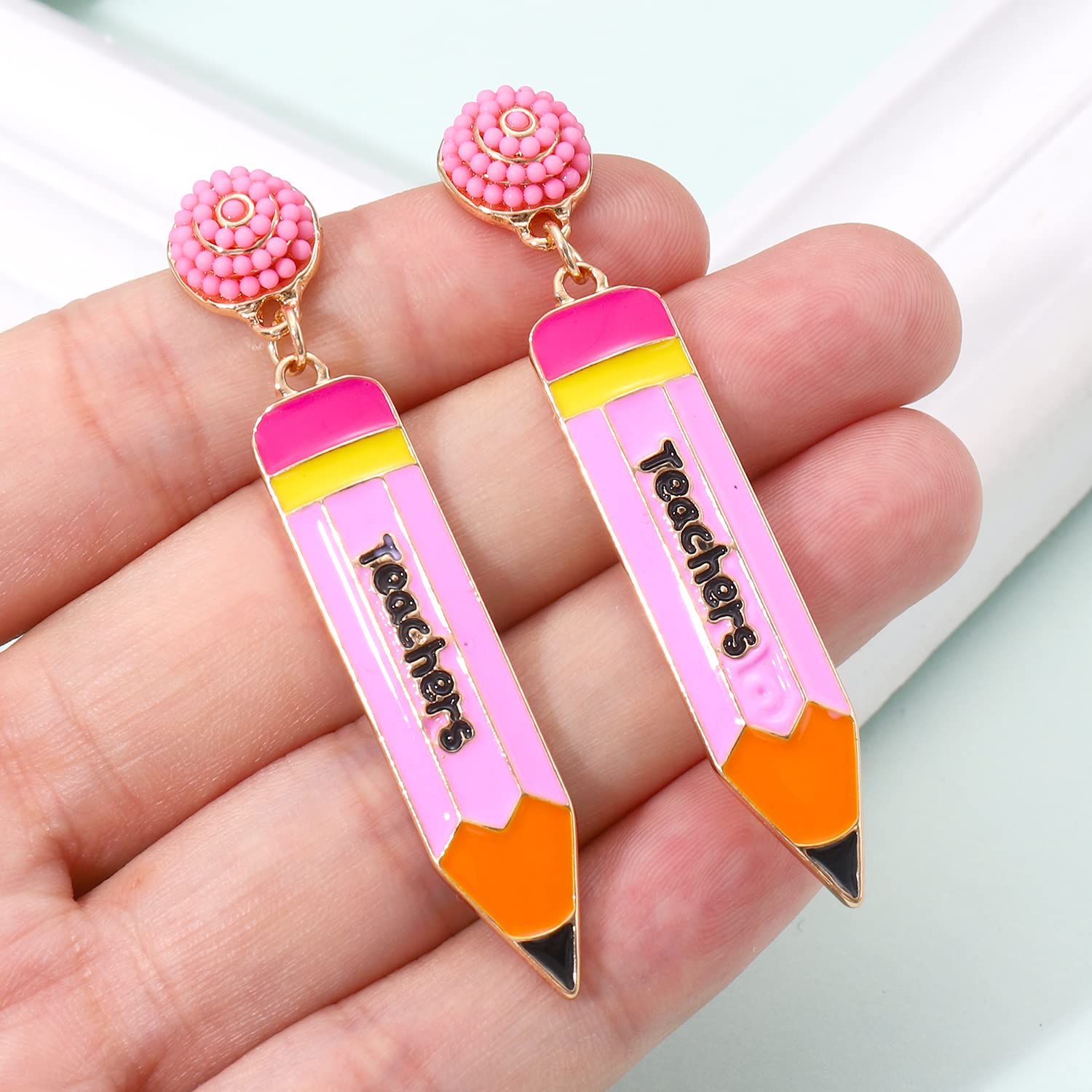 2 Pairs Hypoallergenic Pencil Earrings for Women - Beaded Pearl Teacher Dangle Earrings & Cute Student Stud Drop Earrings - Perfect for Teacher Appreciation Day, Back to School Jewelry Gifts - Great for Classroom, Graduation and School Events