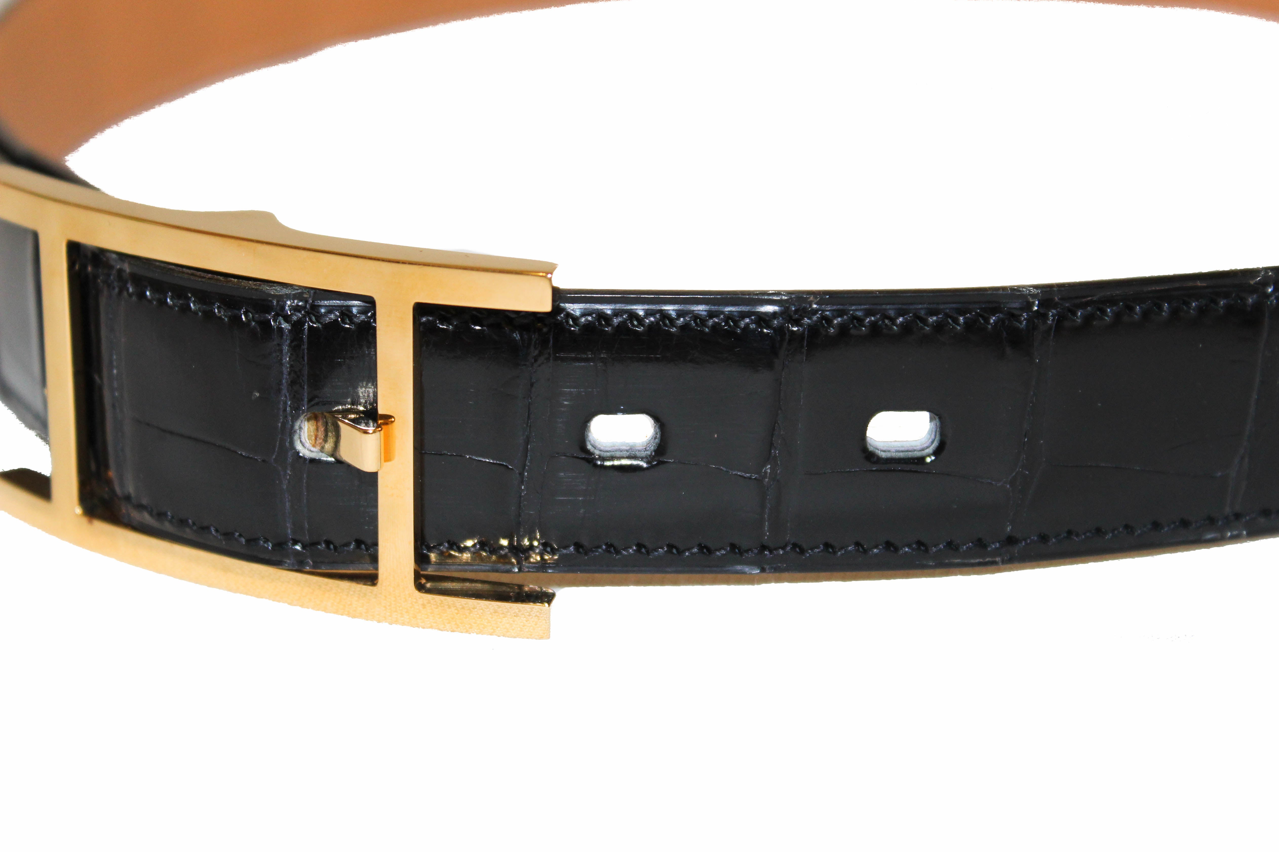 Authentic Hermes Reversible Belt - Black Crocodile Embossed & Brown Quentin Calfskin Leather | Luxury Dress Belt for Men | Perfect for Business, Formal Events & Special Occasions