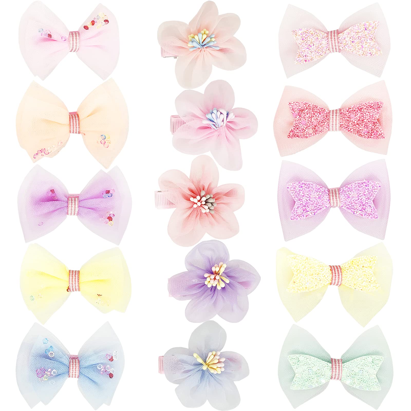 BETITETO 15-Piece Sparkly Tulle Hair Bows with Rhinestone Flower Clips for Girls & Women - Non-Slip Alligator Hair Clips for Parties, Weddings & Daily Wear