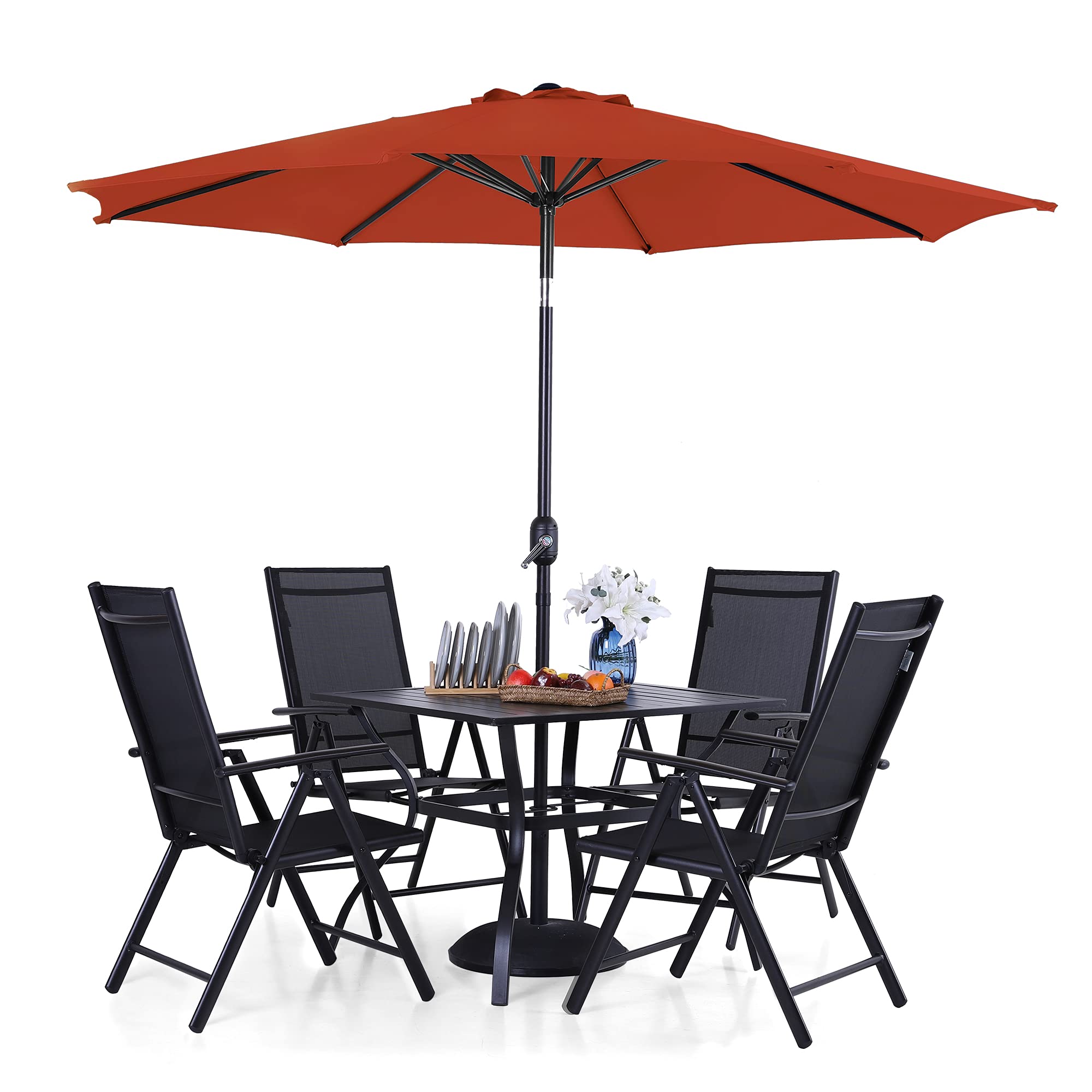 PHI VILLA 4-Piece Outdoor Patio Dining Set with 9ft Umbrella - Adjustable Folding Chairs & 37