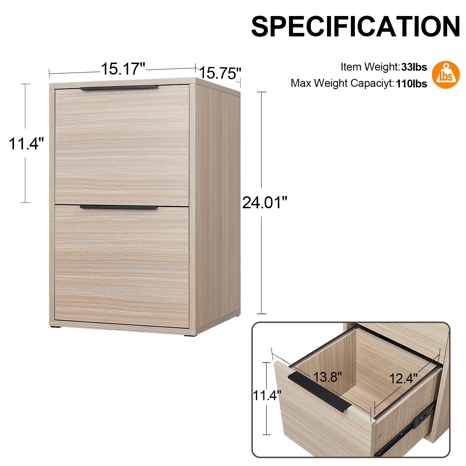 LUCYPAL 2-Drawer Wooden File Cabinet - Letter Size Office Storage with Hanging Bars, Home Office Organization Furniture, Beige - Perfect for Document Storage & Workspace Organization in Small Offices & Home Study Rooms