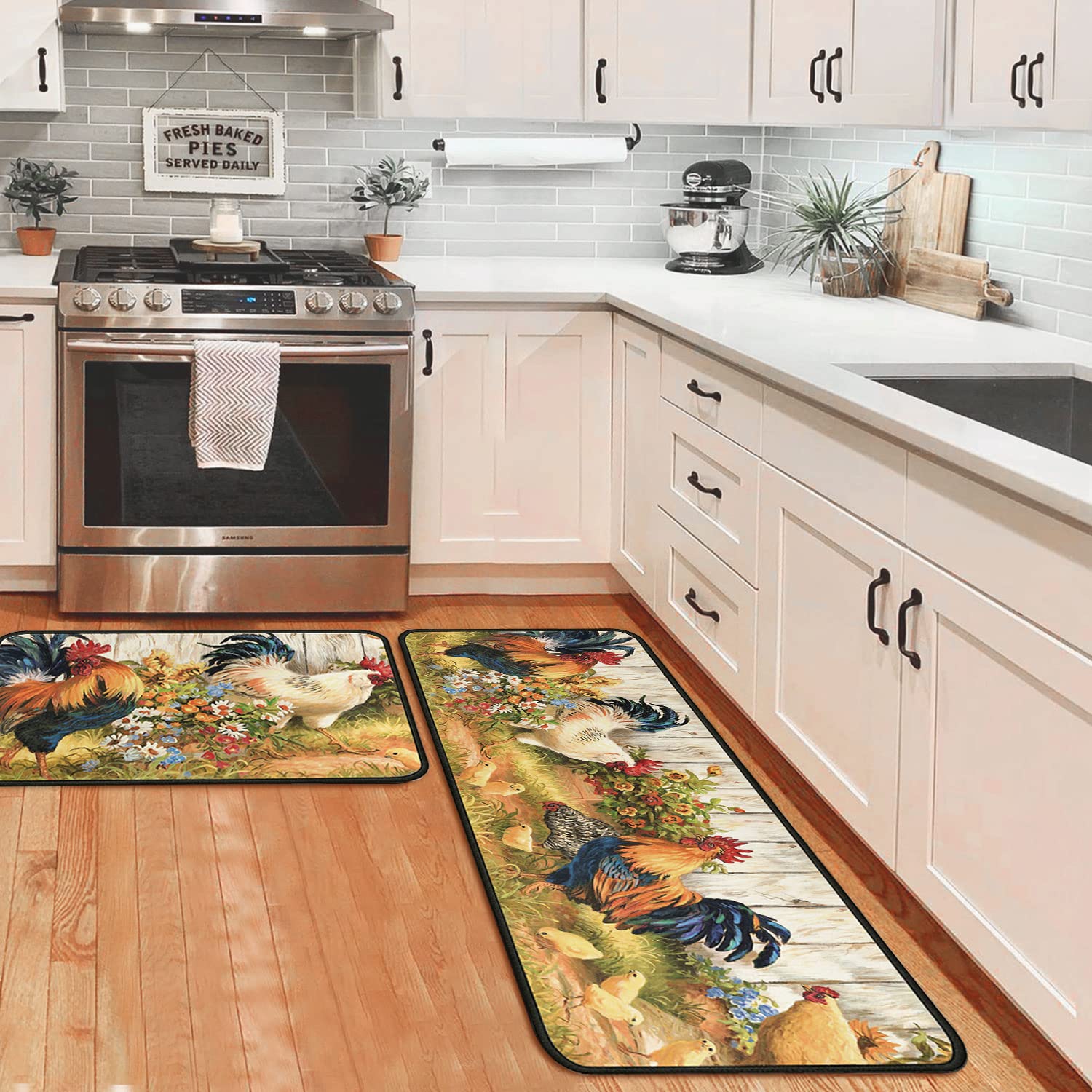 Non-Slip Washable Microfiber Kitchen Rugs Set of 2 - Rooster Design Absorbent Floor Mats (17