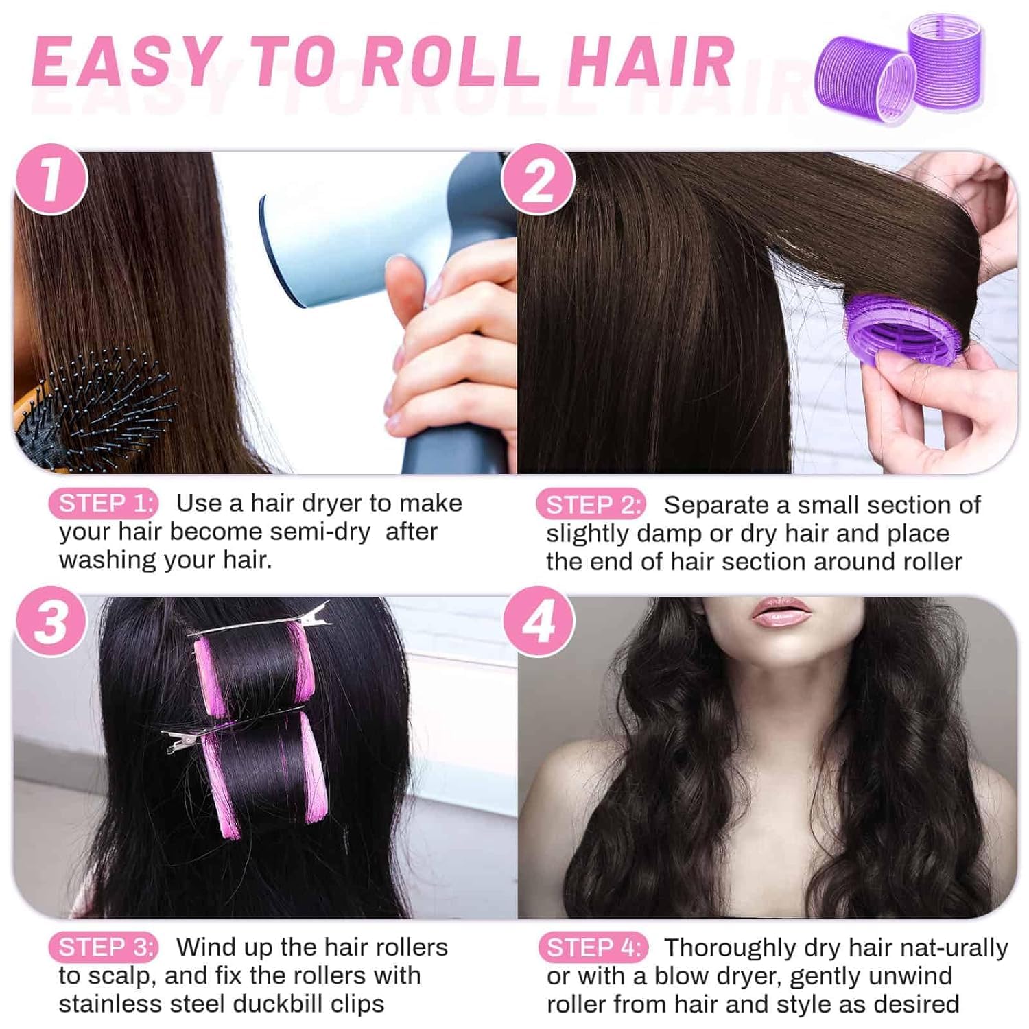 SIYAA Jumbo Rollers Hair Curlers 18-Piece Set - 6 Large Hair Rollers & 12 Hair Clips for Long to Medium Hair Volume & Curls (Purple) - Perfect for Salon-Quality Styling at Home, Parties & Special Occasions
