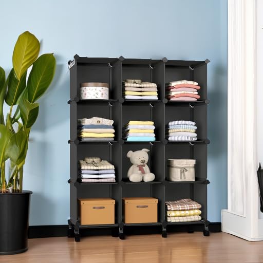 GREENSTELL 12-Cube Closet Organizer & Storage Shelf - 11.8x11.8x11.8 Inch Portable Clothing Storage for Kids, Bedroom, Office - Black | Space-Saving Wardrobe Solution for Small Rooms & Apartments
