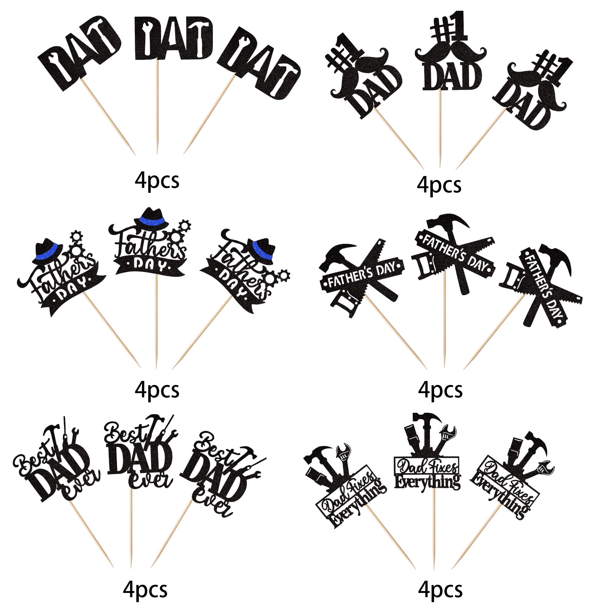 24 Pack Happy Father's Day Cupcake Toppers - Best Dad Ever Glitter Cake Decorations with #1 Dad, Tie, Mustache & Hat Designs for Father's Day Parties, Men's Birthday Celebrations & DIY Cake Decorating (Black)