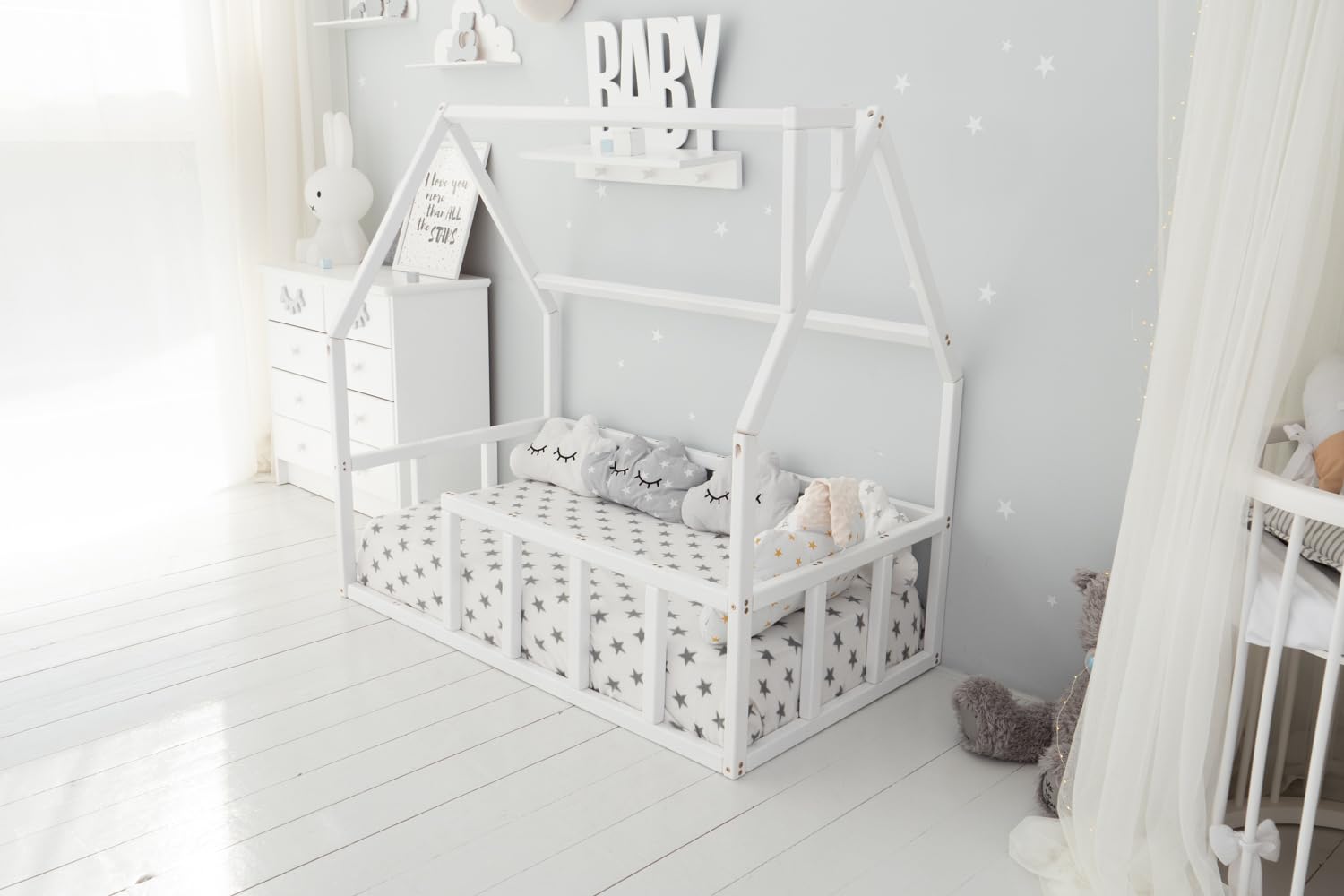 Montessori Toddler Floor Bed with Safety Rails - Solid Wood Kids Bed Frame for Boys & Girls - House Bed for Toddlers & Preschoolers - Perfect for Montessori Bedrooms, Daycare Naps & Cozy Sleep Spaces